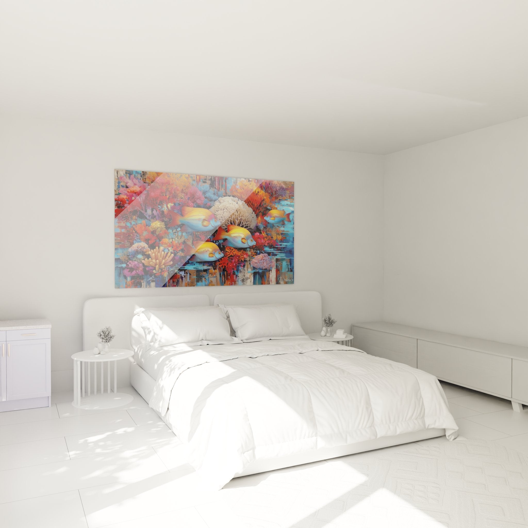 Tableau poissons exotiques en ambiance chambre - Décoration murale marine élégante