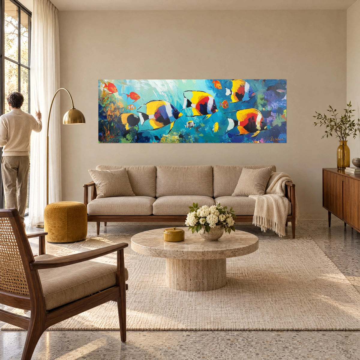 Gemälde Kaiserfische in Sonnengelb und Korallenrot in türkisfarbenem Wasser, Mann von hinten, über einem Sofa in einem lichtdurchfluteten Wohnzimmer