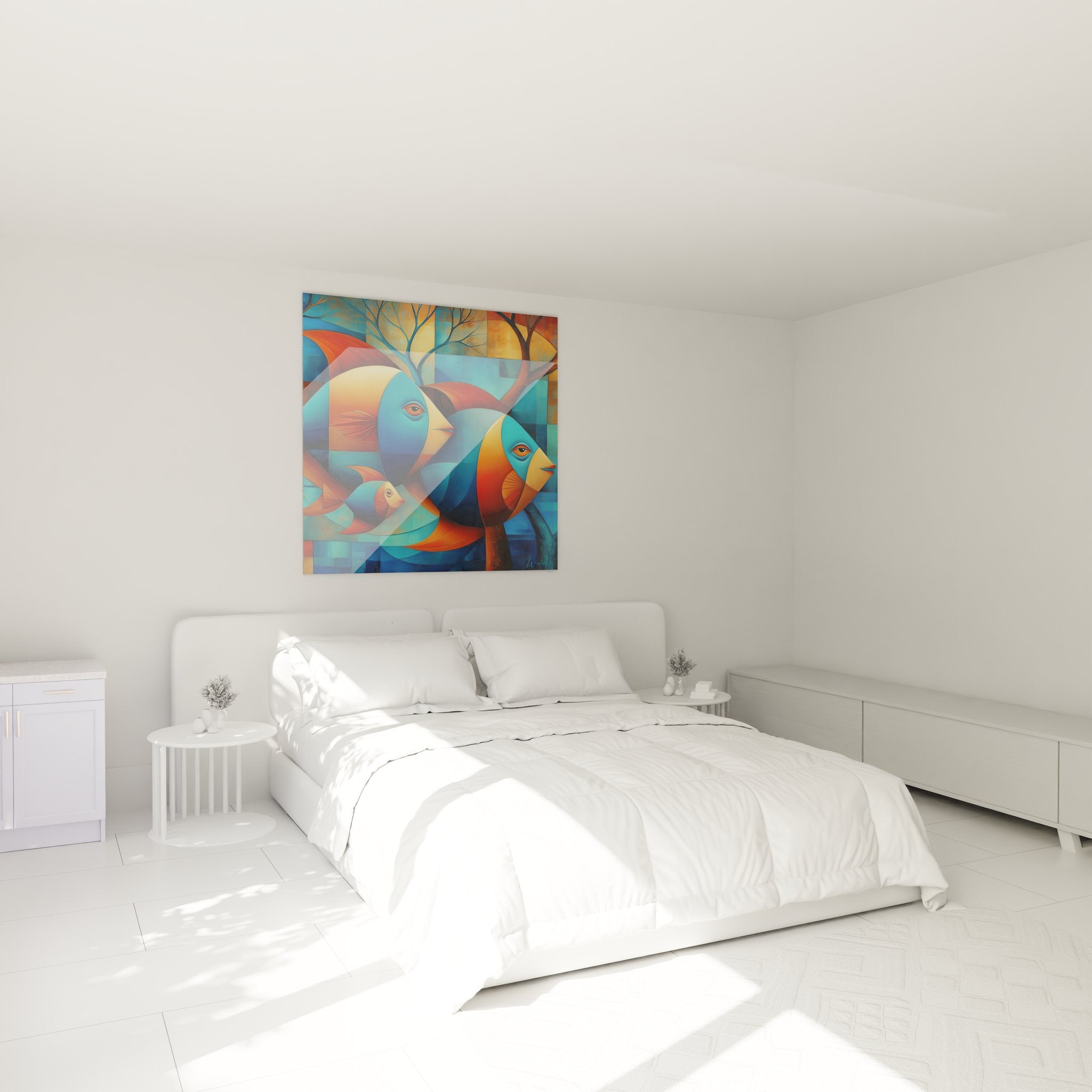 Tableau poissons géométriques dans chambre moderne décoration murale art contemporain aquatique