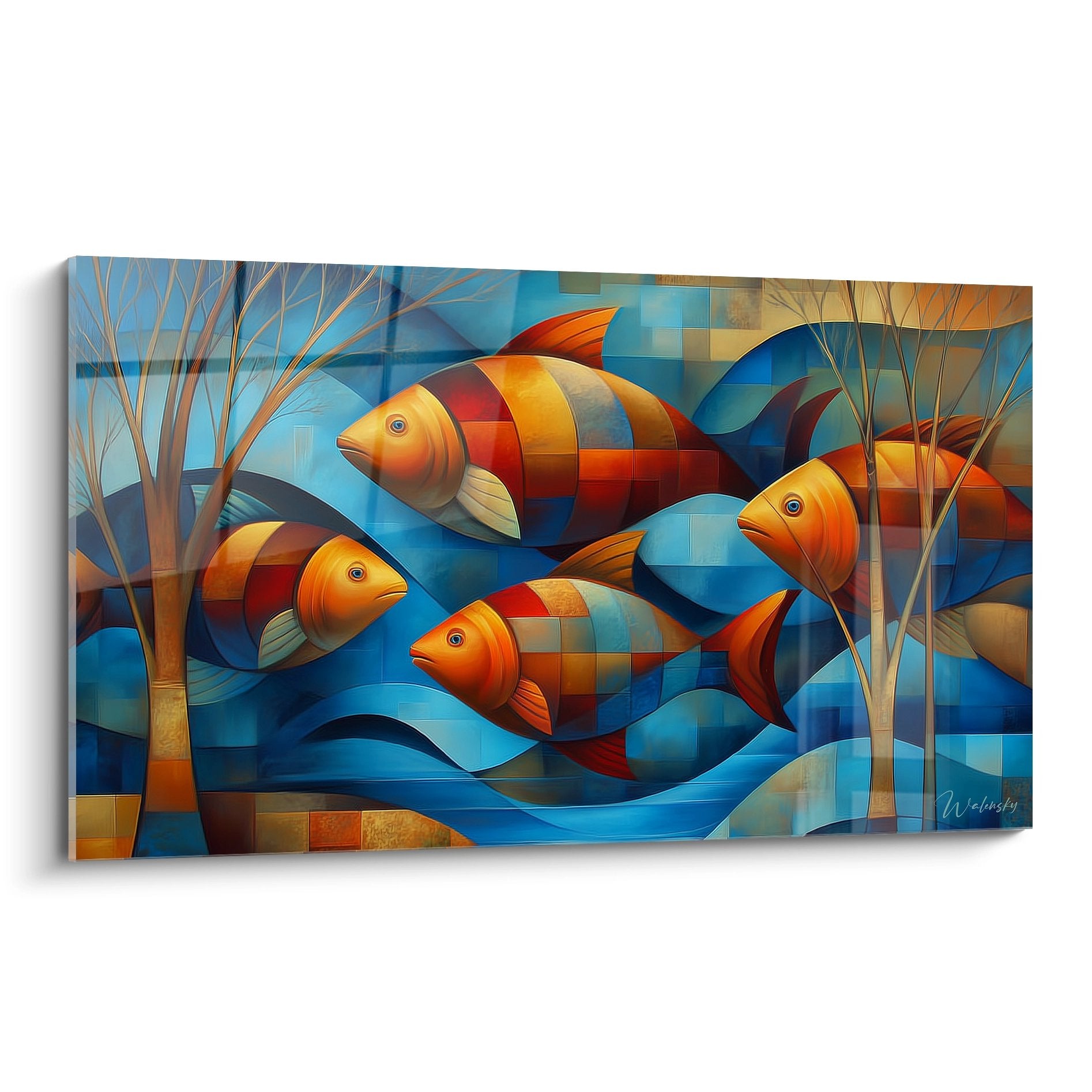 Tableau mural poissons géométriques style cubiste avec motifs colorés orange et bleu fonds marins