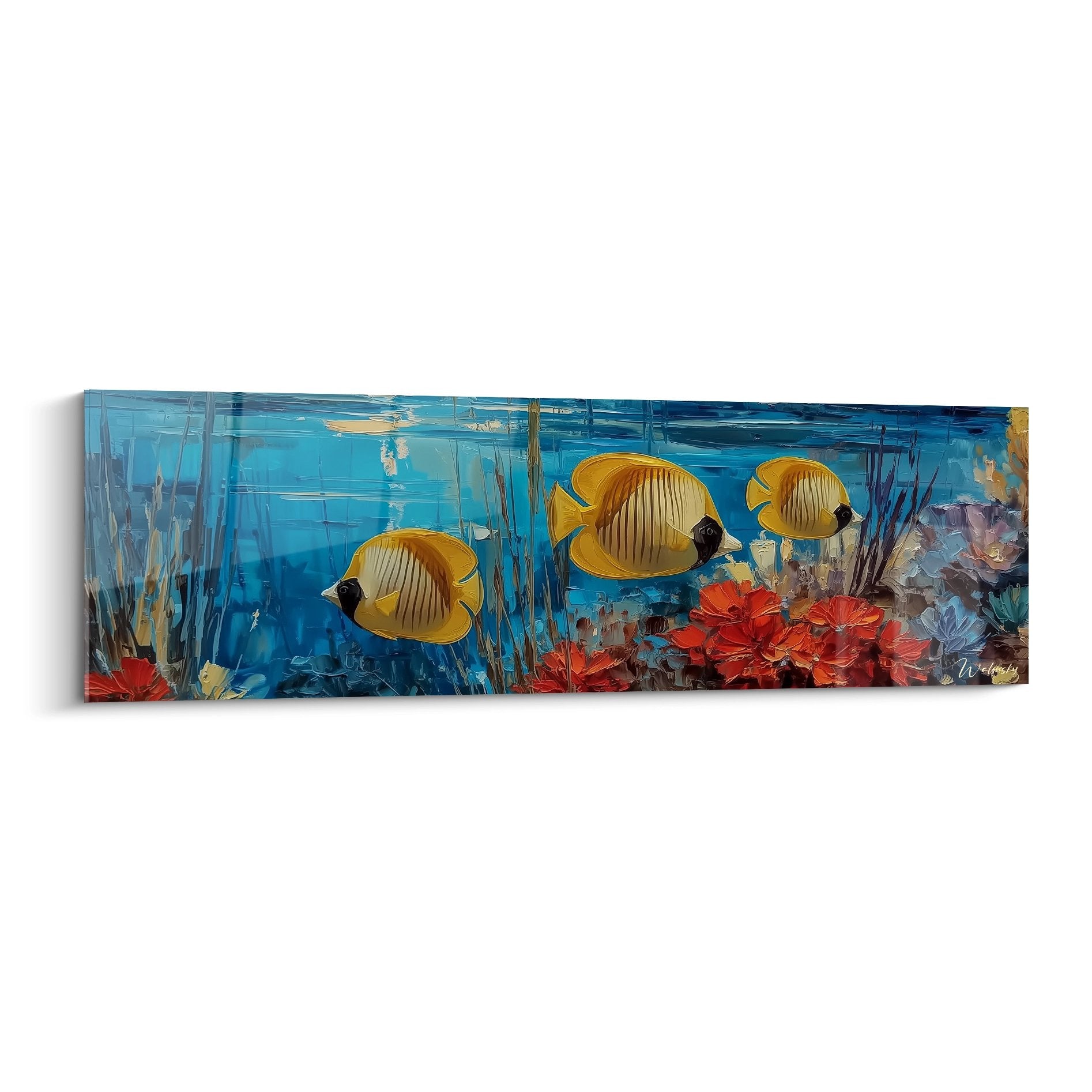 Tableau mural trio poissons papillons jaunes nageant dans récif corallien tropical coloré