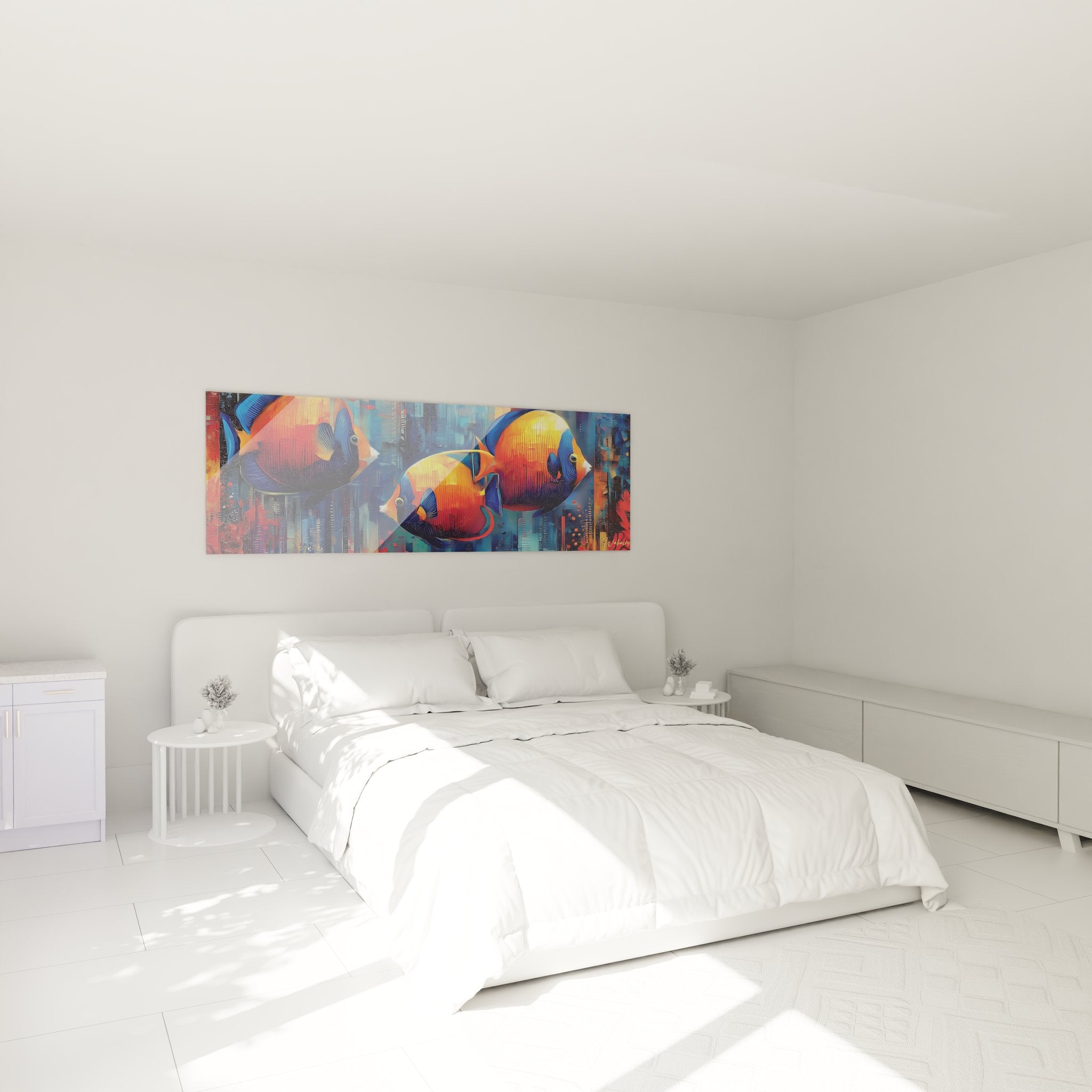 Tableau poissons tropicaux décorant une chambre moderne avec ambiance marine apaisante