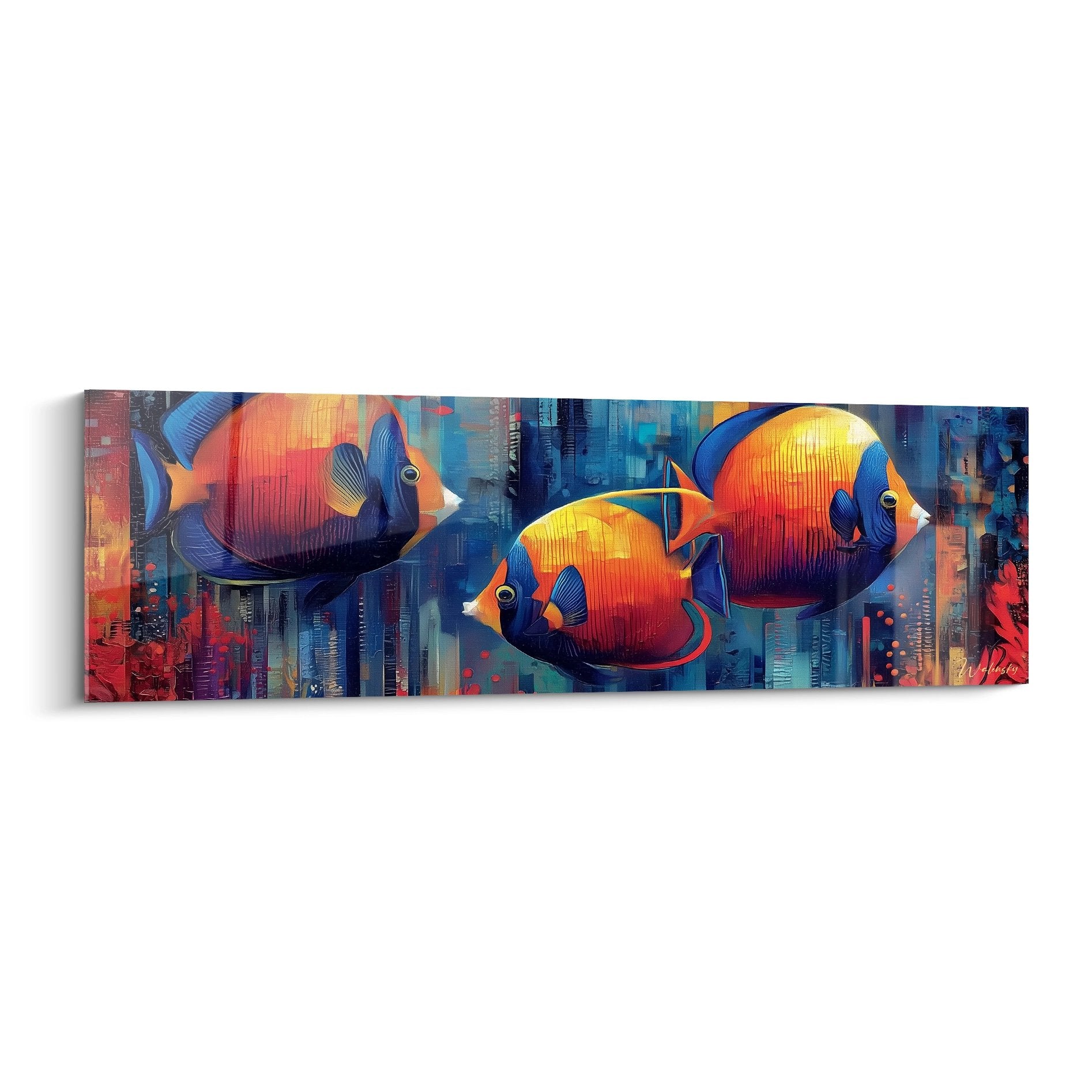 Tableau mural poissons tropicaux colorés orange et bleu sur fond aquatique abstrait