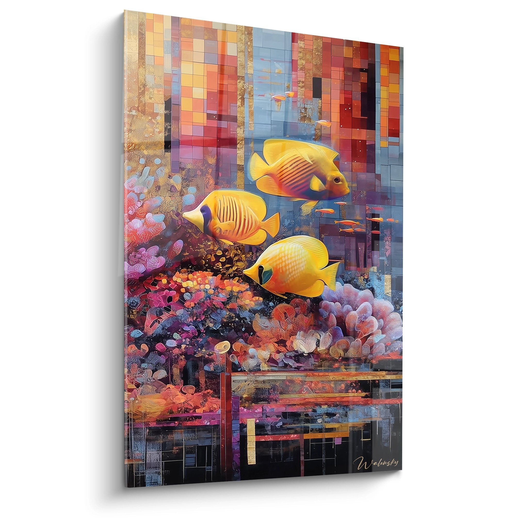 Tableau mural poissons tropicaux jaunes et coraux colorés, art fonds marins décoratif