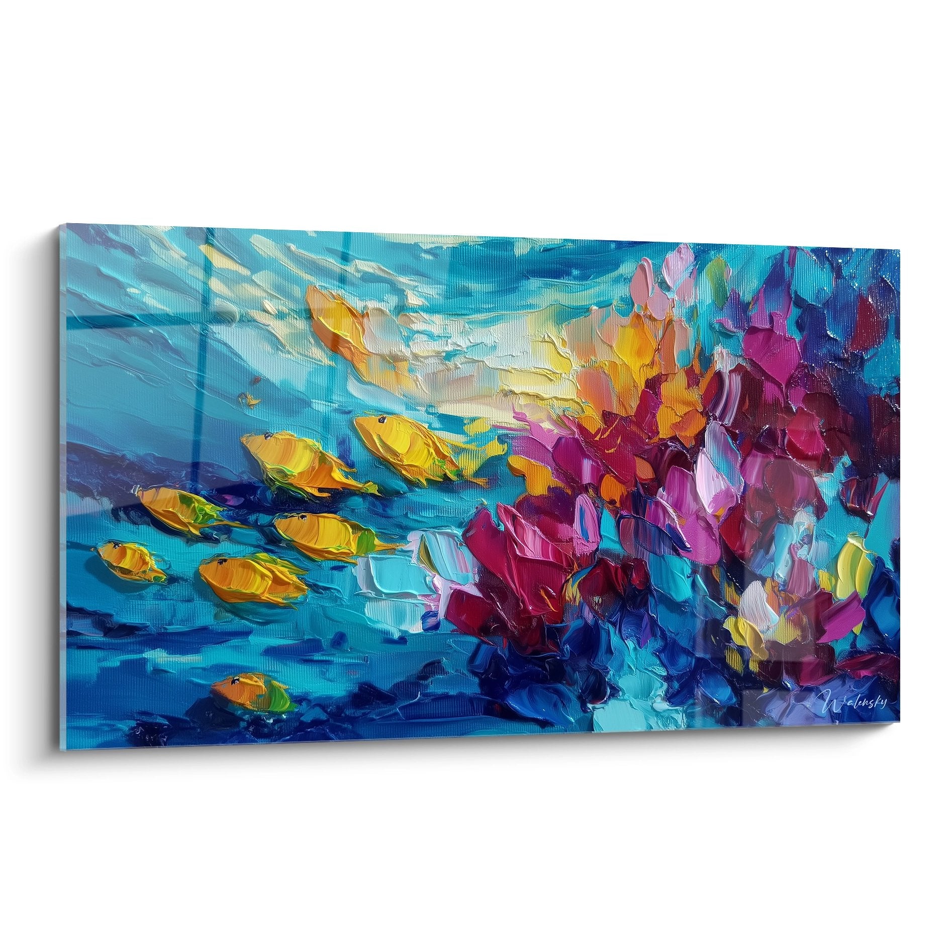 Tableau mural poissons tropicaux jaunes et corail multicolore dans récif sous-marin