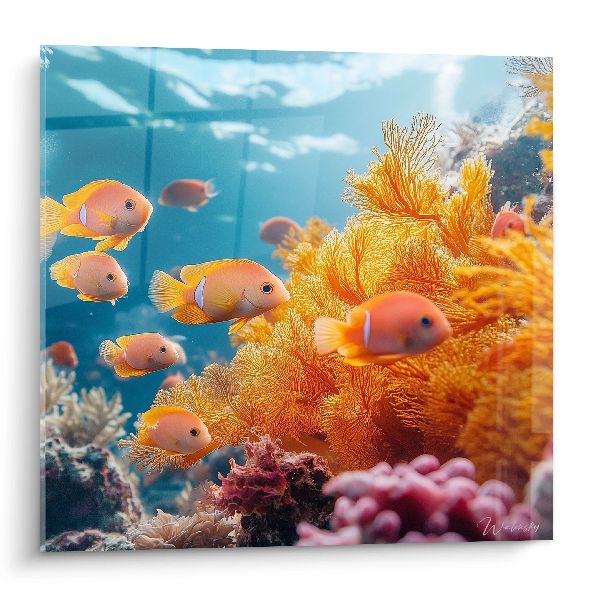 Tableau mural poissons tropicaux colorés dans récif corallien orange et bleu, décoration aquarium moderne