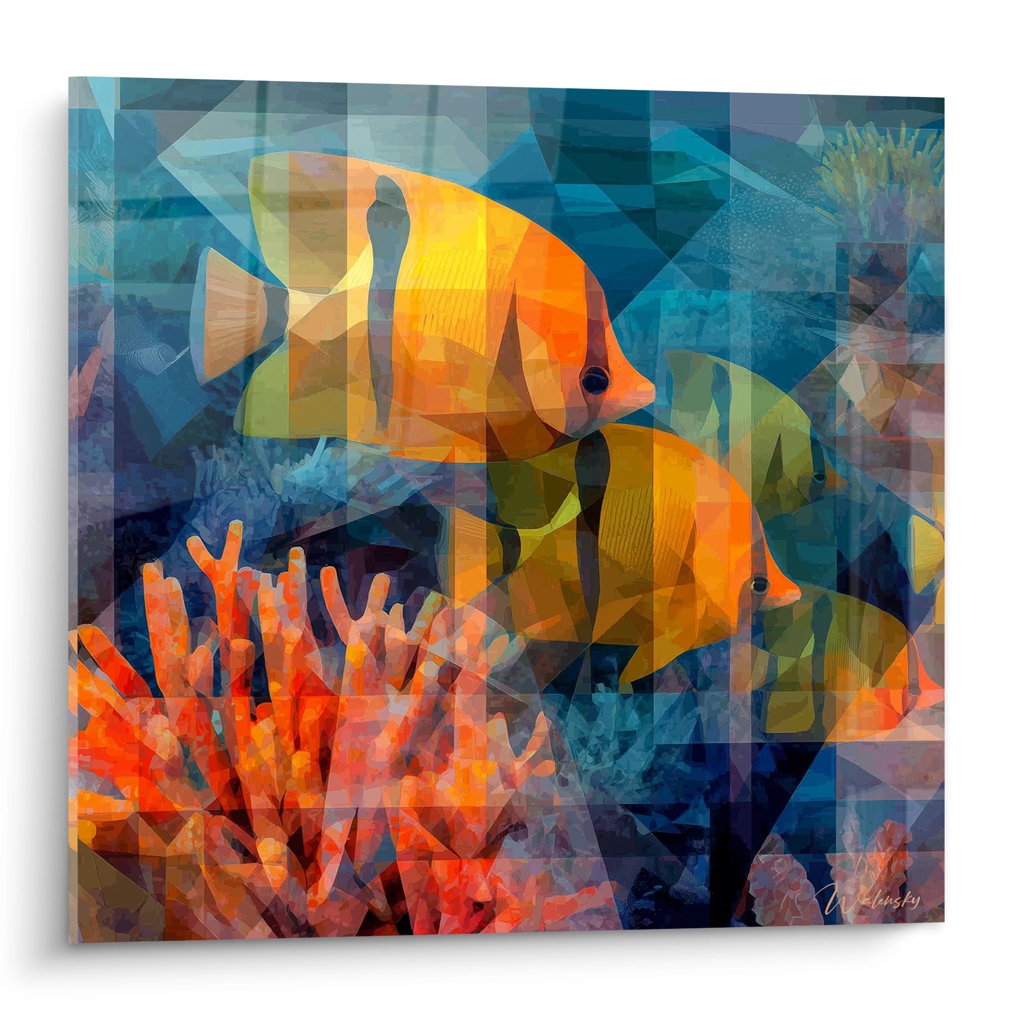 Tableau mural poissons tropicaux géométriques colorés avec coraux orange sur fond bleu turquoise