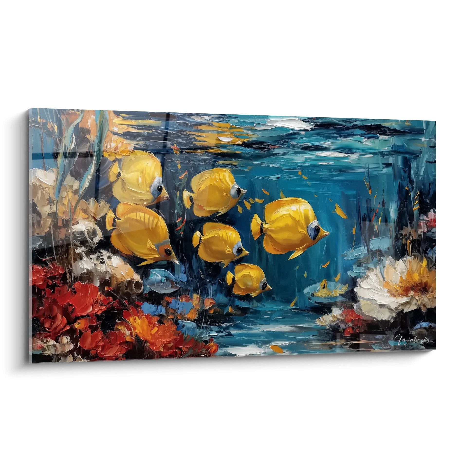 Tableau mural poissons jaunes tropicaux évoluant dans récif corallien coloré - art aquatique décoratif