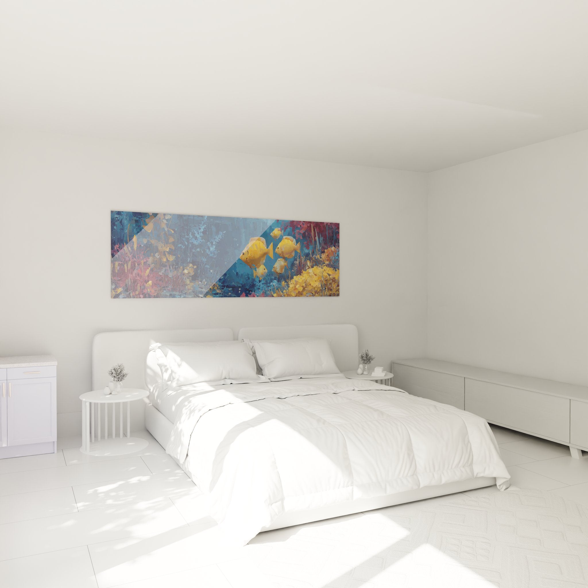 Ambiance chambre avec tableau poissons tropicaux récif corallien - décoration marine murale