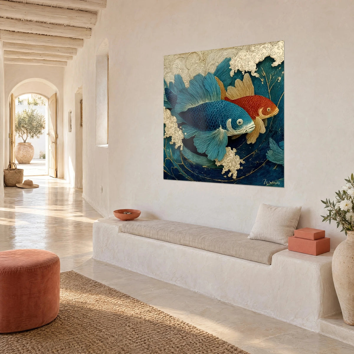 Schilderij Japans geïnspireerd aquarium met twee waaiervormige vinnen, turquoise en bleekgoud, op crèmekleurig kronkelend schuim, witte muur van een mediterraan huis