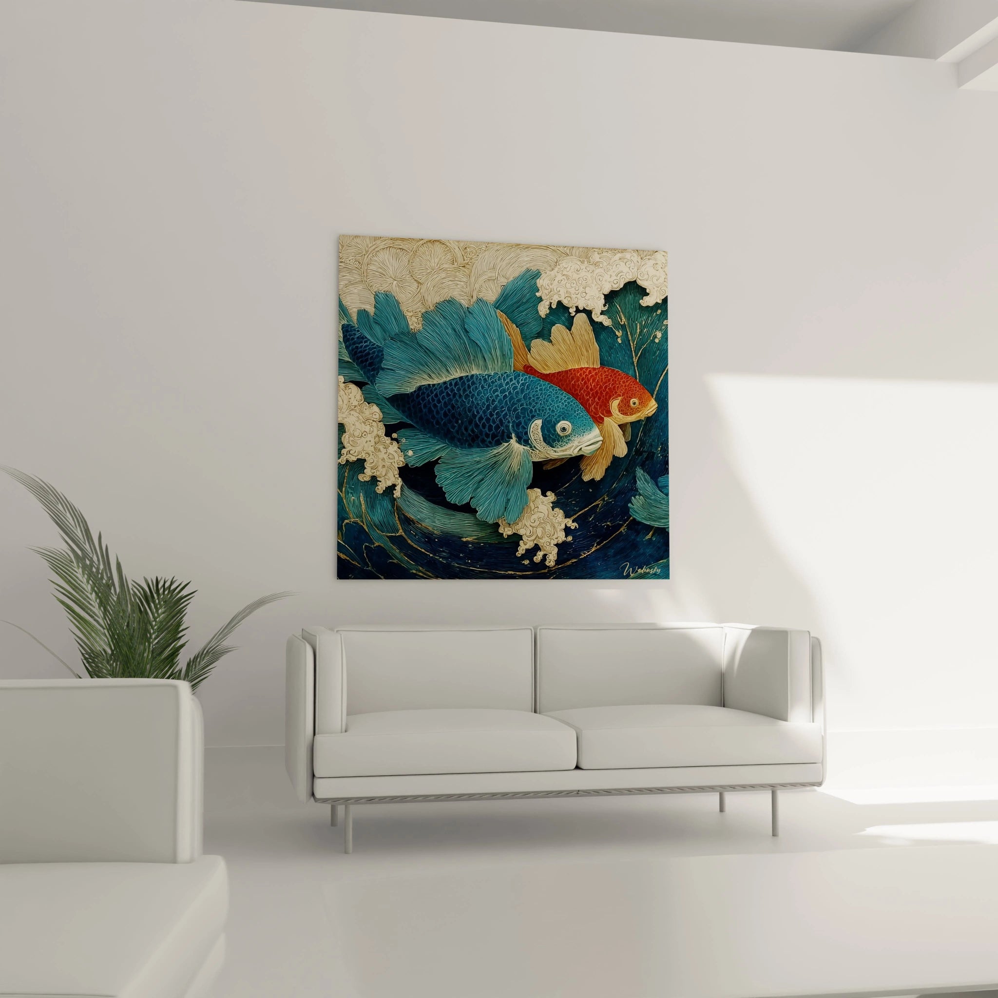 tableau poissons art nouveau Walensky avec carpes koi bleue et orange vagues dorees toile carree pour decor salon
