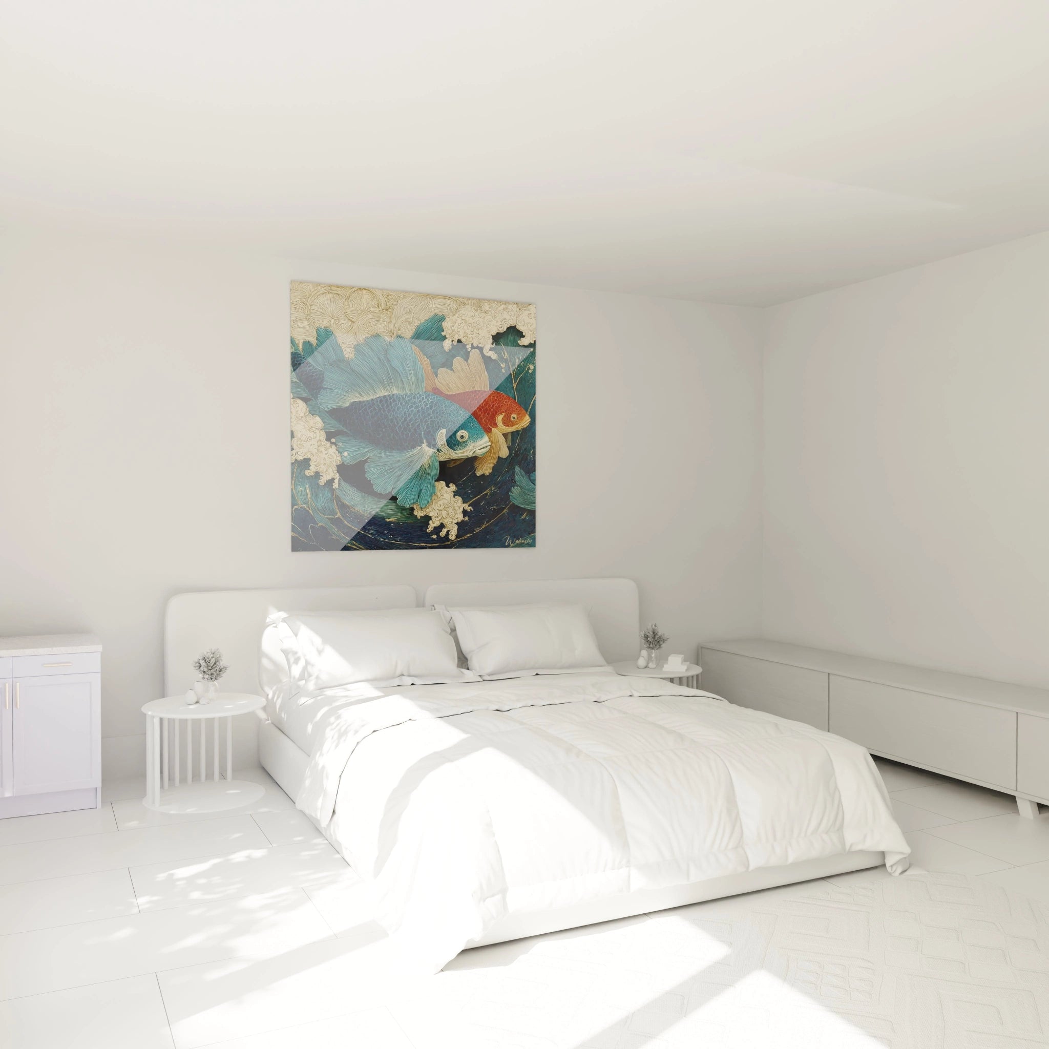 Chambre minimaliste blanche avec grande toile Walensky représentant tableau poissons art nouveau coloré au dessus du lit