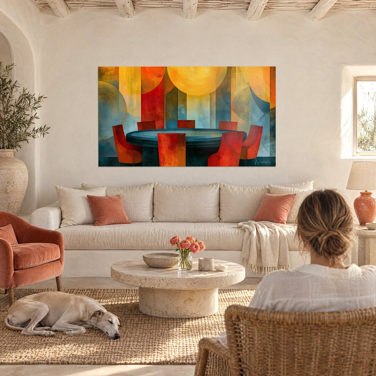 Wall art round poker table in petrol blue, brick-red chairs, ochre sun behind, hung above a sofa in a bright living room