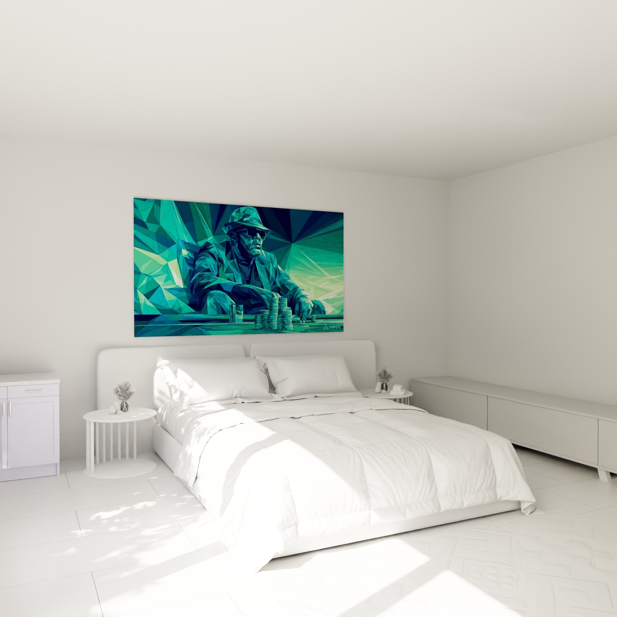 Silhouette anguleuse turquoise et émeraude d'un joueur de poker, au-dessus d'un lit dans une chambre claire