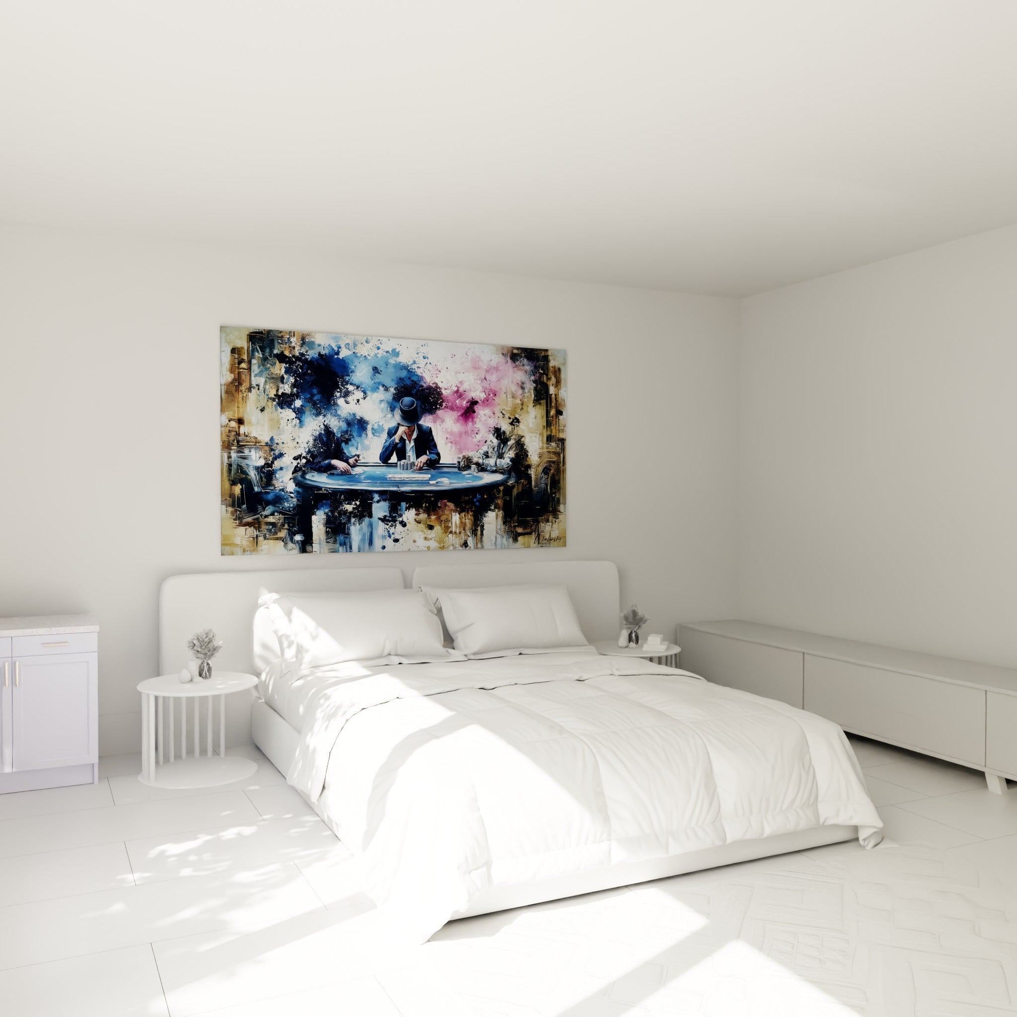 Scène de poker bleu marine et rose vif, personnage au chapeau haut-de-forme, au-dessus d'un lit dans une chambre claire