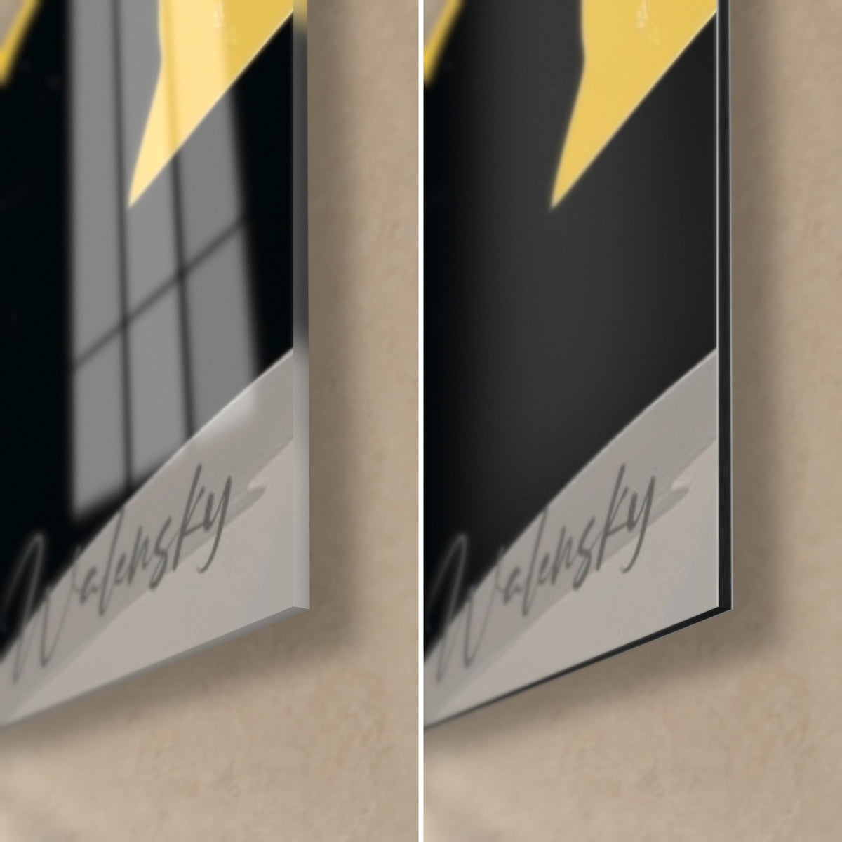 Wall art of a yellow and black hooded player, bottom right corner: glossy acrylic glass with reflections, matte grey Dibond aluminium and 3 mm edge