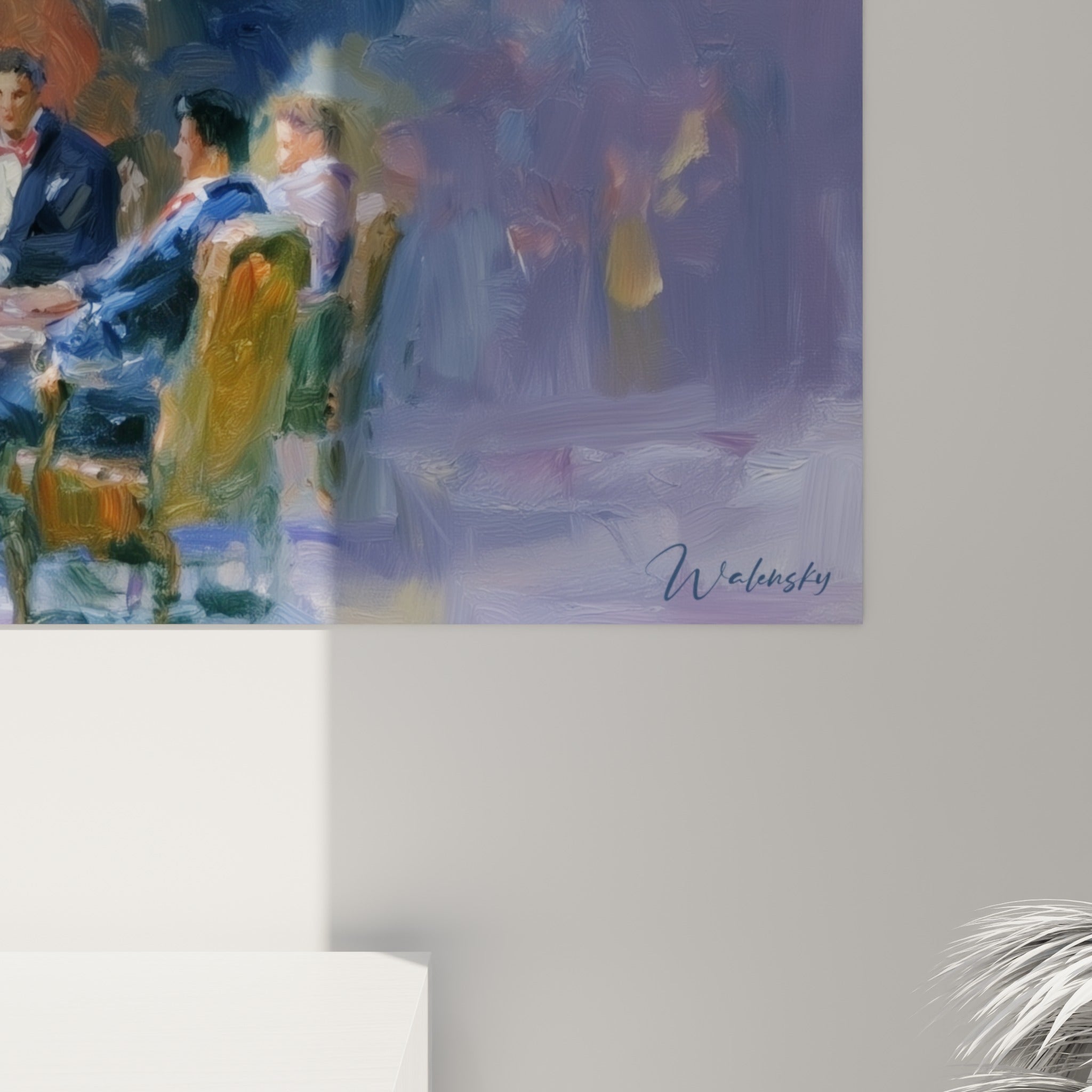 Empâtements violets et dorés d'une toile poker, matière picturale visible en gros plan sur le tapis rouge