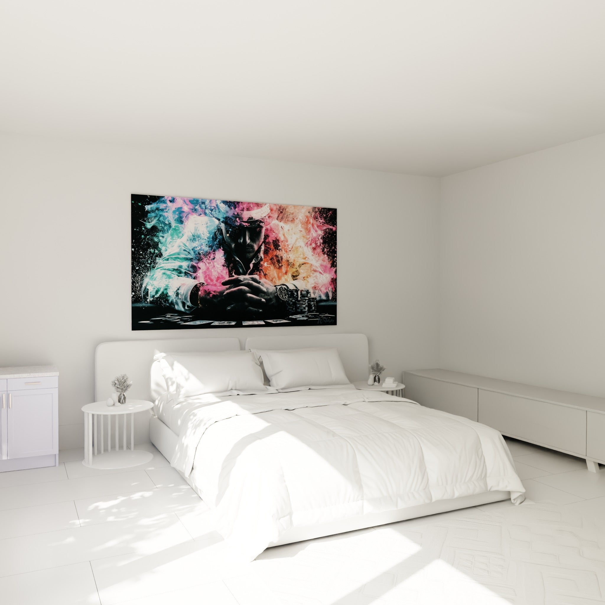 Silhouette de joueur entourée de fumée corail et turquoise, tableau poker au-dessus d'un lit dans une chambre claire