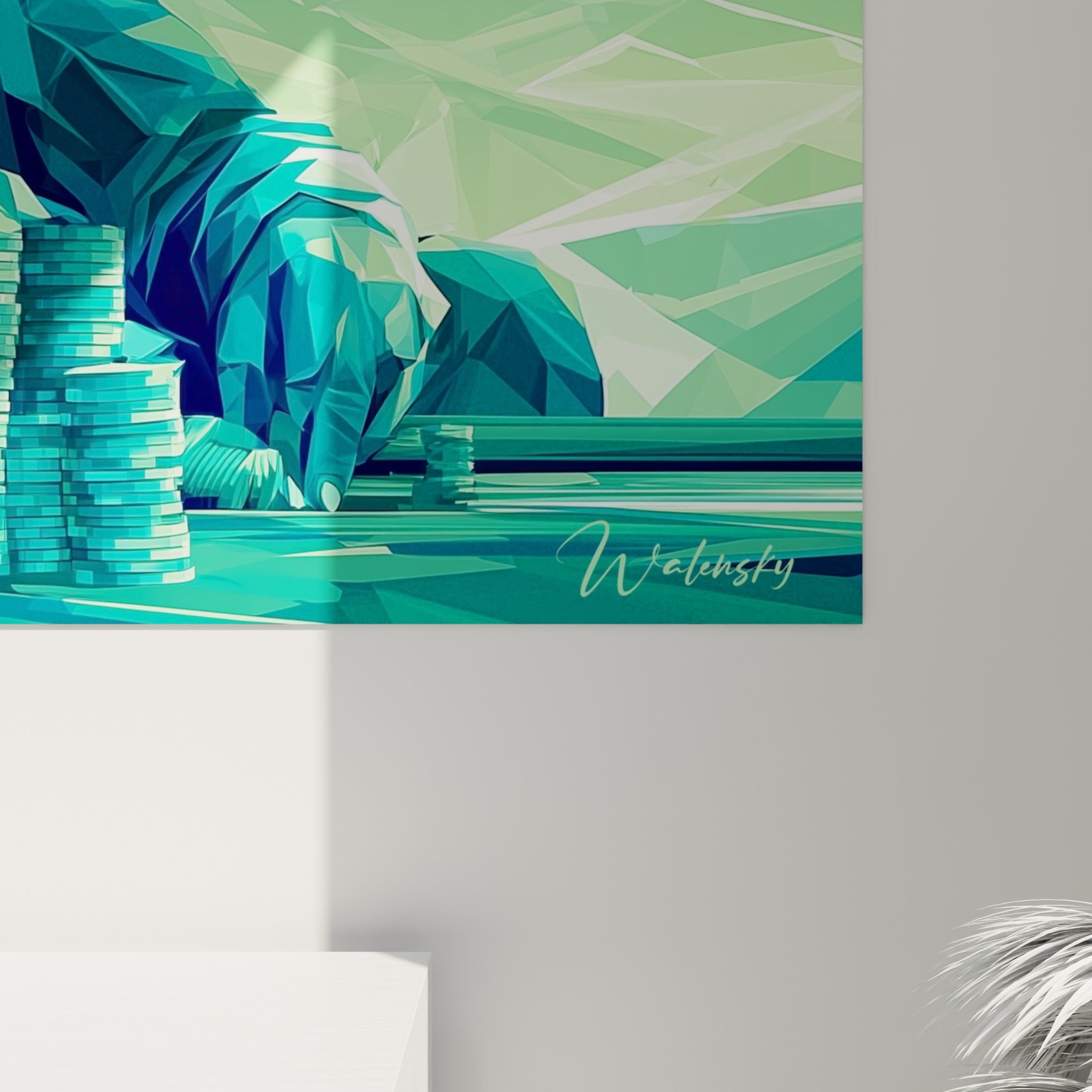 Facettes cristallines turquoise et anthracite du visage, empâtements nets sur ce tableau poker géométrique