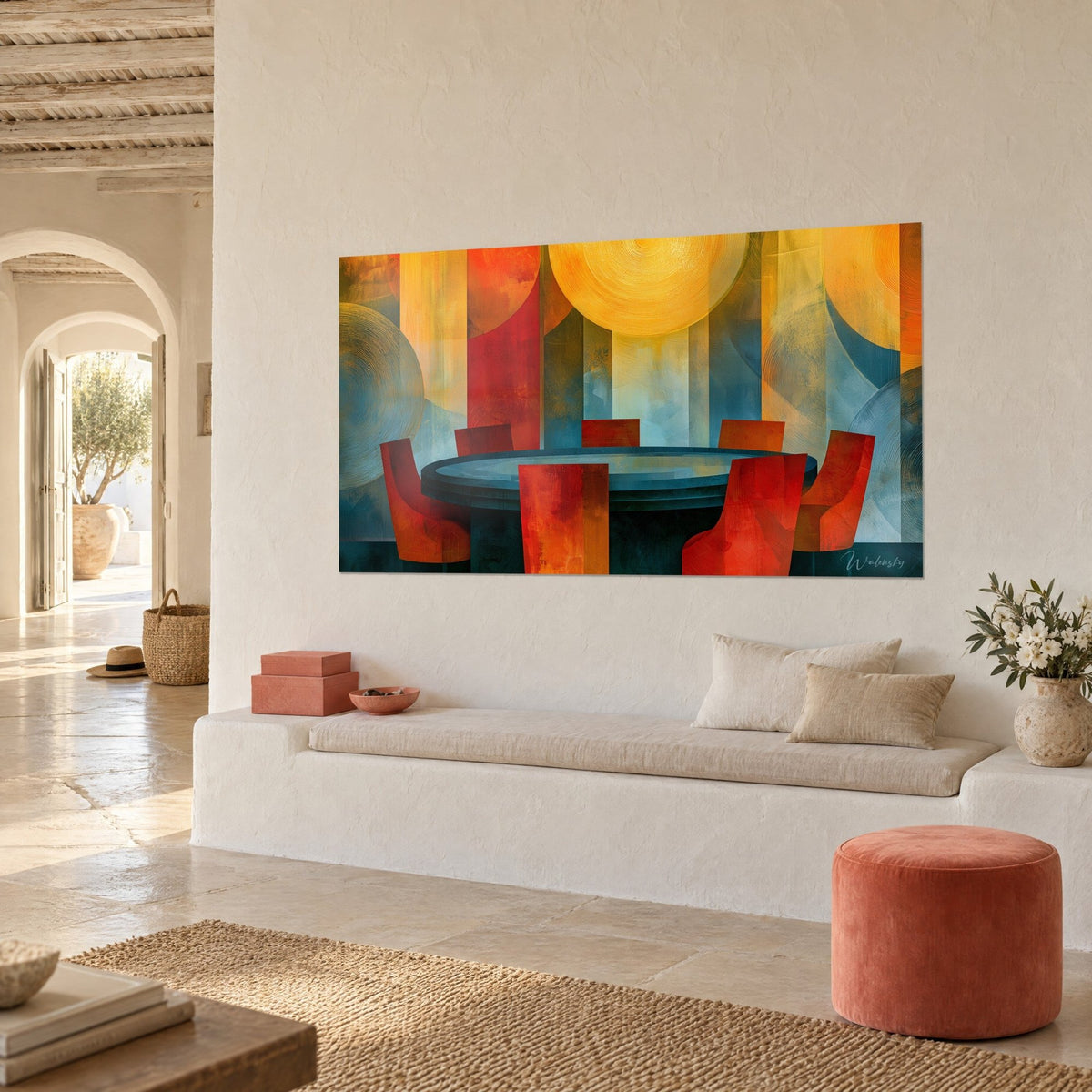 Wall art six brick-red armchairs around an oval blue table, golden discs in the background, on a white wall of a Mediterranean house