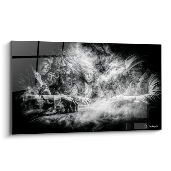 Tableau Joueurs noir et blanc entourés de fumée - Tension autour de la table - Edition poker