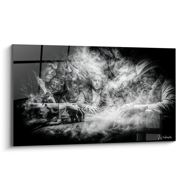 Tableau Joueurs noir et blanc entourés de fumée - Tension autour de la table - Edition poker