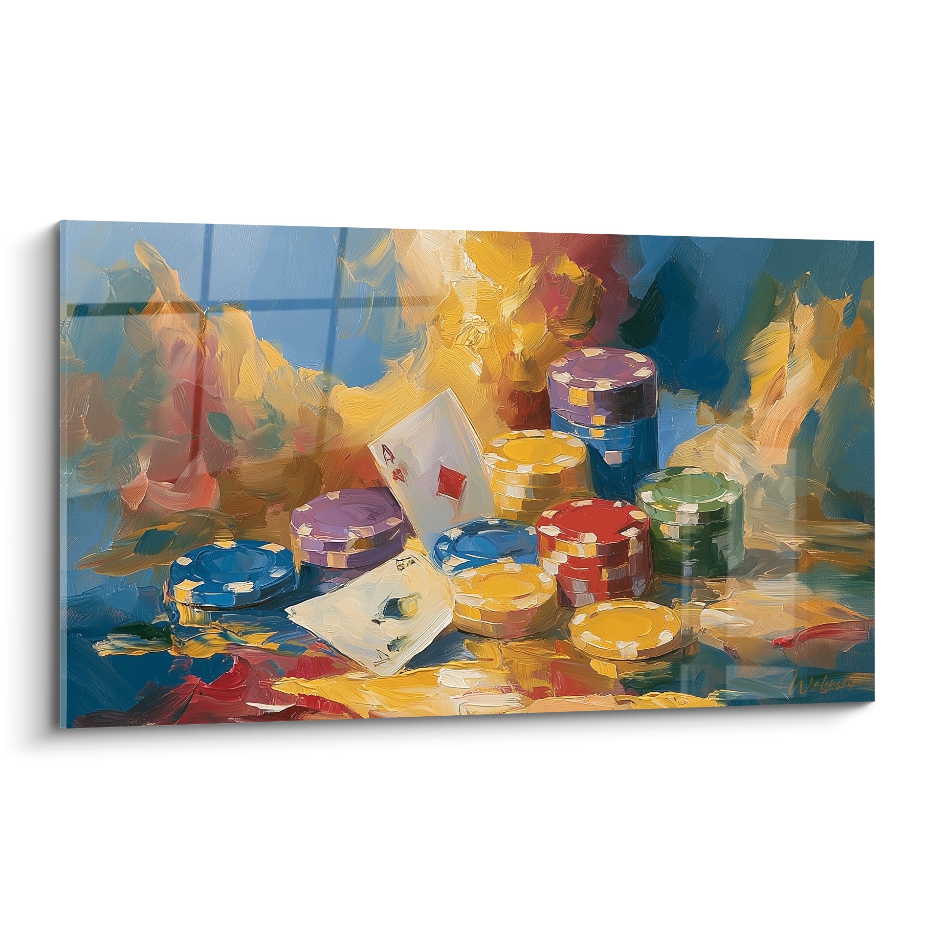 Jetons violets, rouges et dorés de poker entourant deux as sur fond bleu et ocre peint