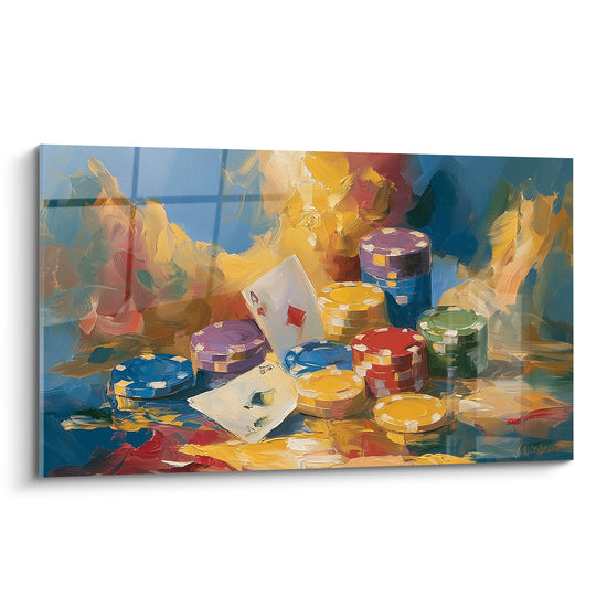 Tableau Jetons empilés jaunes et bleus près des as - Reflets colorés sur table - Edition poker