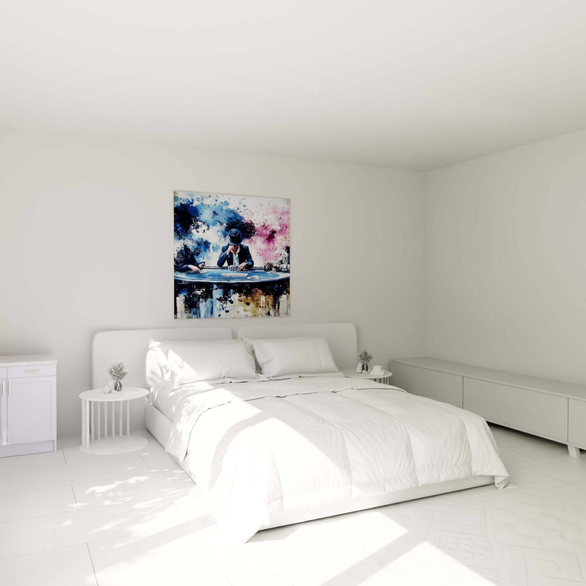 Personnage au chapeau noir penché sur des jetons dorés, au-dessus d'un lit dans une chambre claire