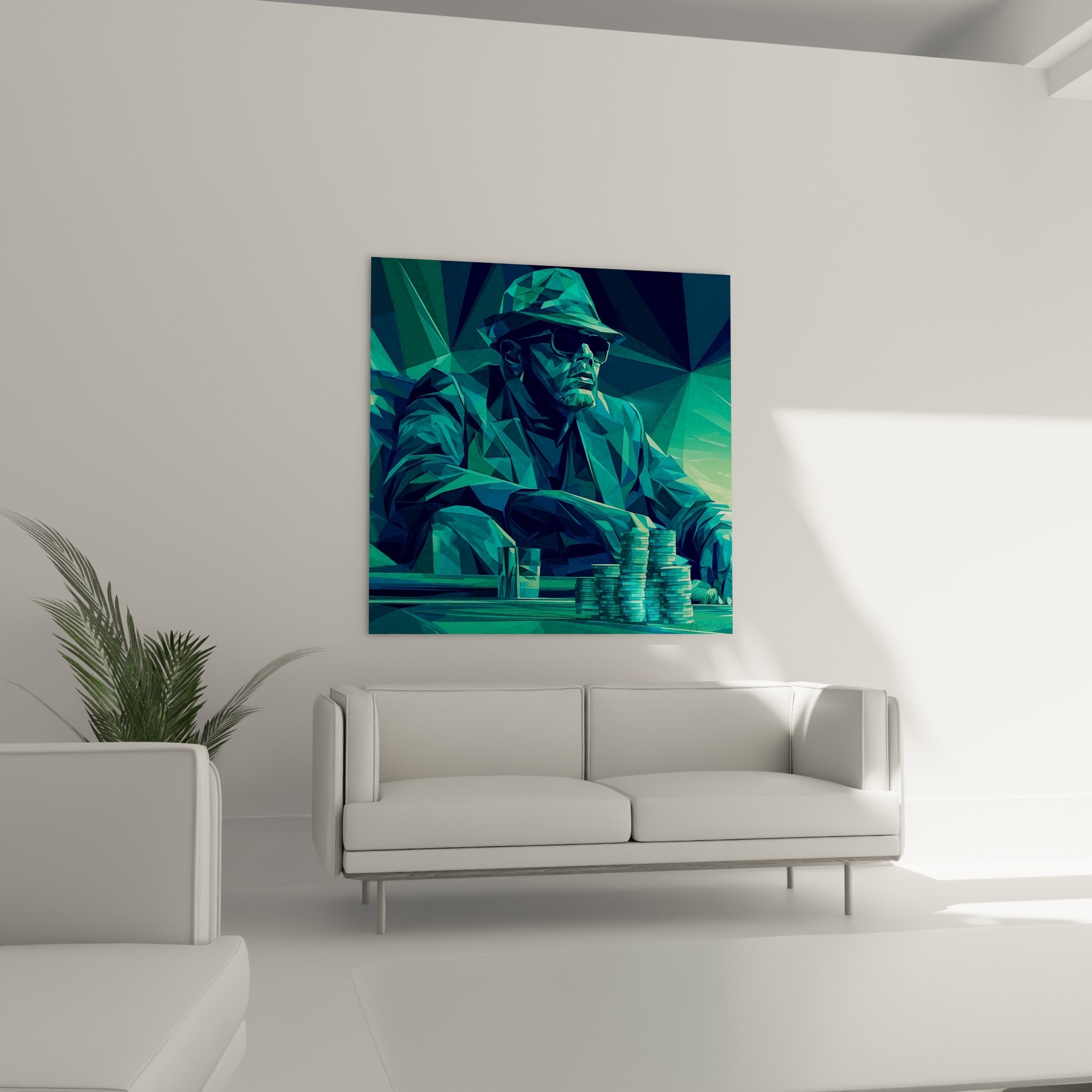Silhouette géométrique bleu marine et turquoise, tableau poker au-dessus d'un canapé dans un salon lumineux