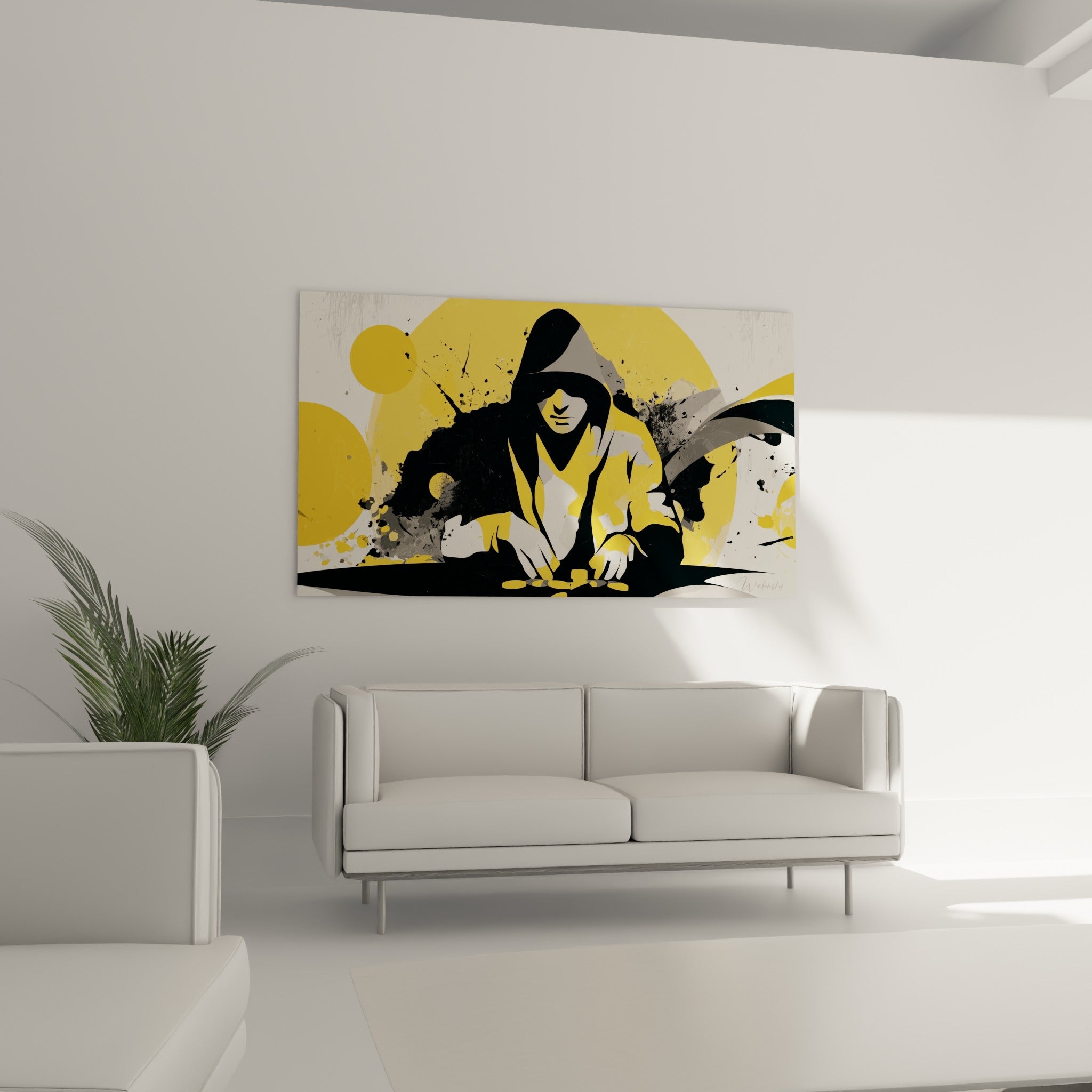 Personnage poker aux teintes jaune moutarde et noires, jetons empilés, au-dessus d'un canapé dans un salon lumineux