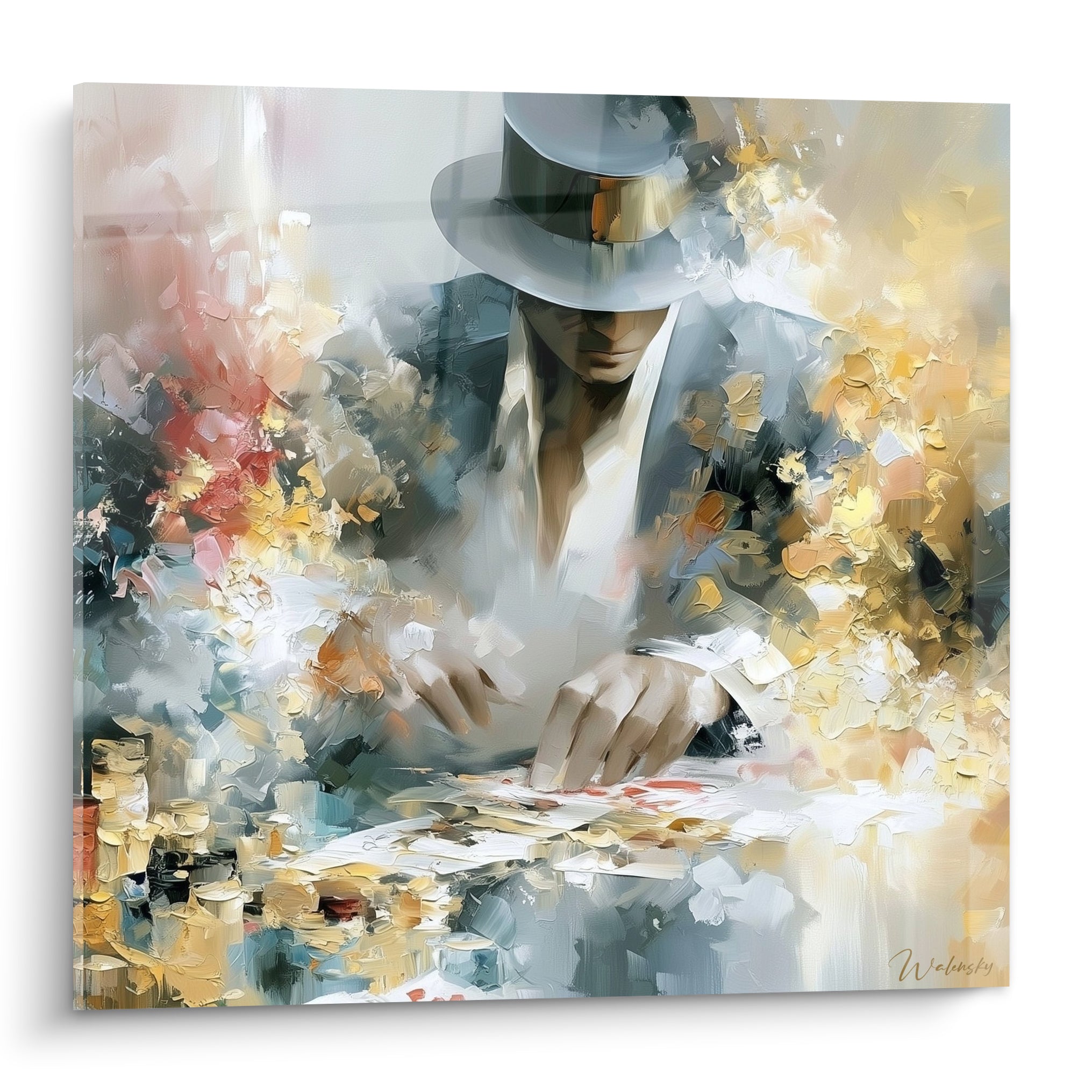 Joueur de poker au chapeau gris, main sur les cartes, touches dorées et anthracite