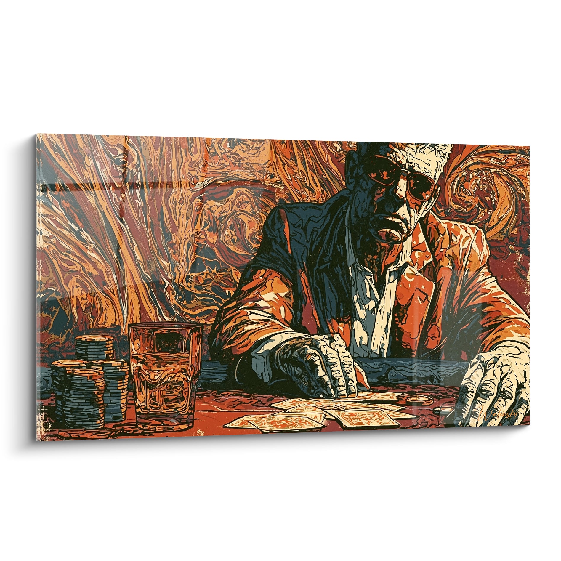 Joueur de poker impassible en lunettes noires, jetons gris-bleu et fond ambre tourbillonnant