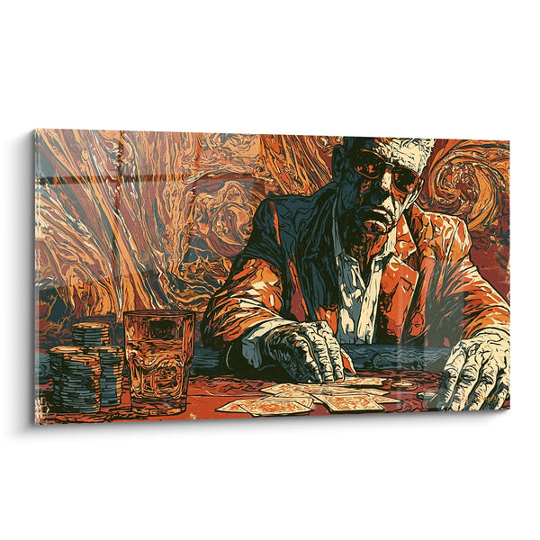 Tableau Joueur à lunettes noires jetons et whisky - Tension du bluff - Edition poker