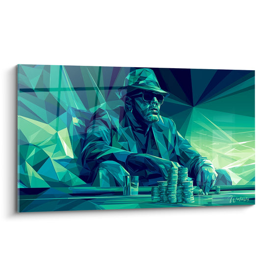 Tableau Joueur cubiste turquoise et vert aux jetons empilés - Lunettes noires et feutre - Edition poker