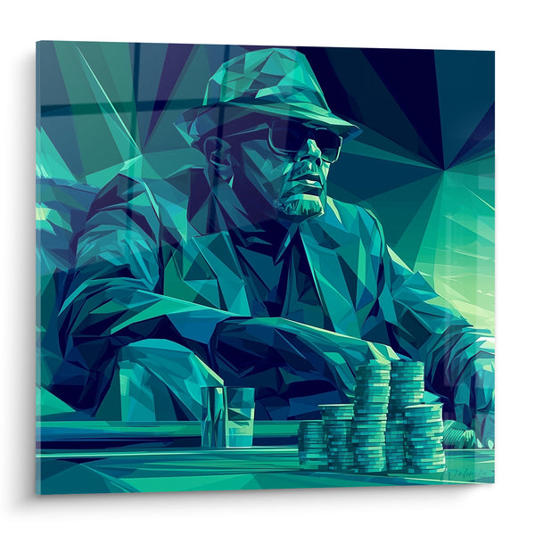 Tableau Joueur turquoise et bleu marine aux jetons empilés - Bluff impassible - Edition poker