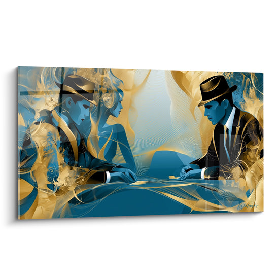Tableau Joueurs bleus et dorés autour d'une table - Tension nocturne - Edition poker