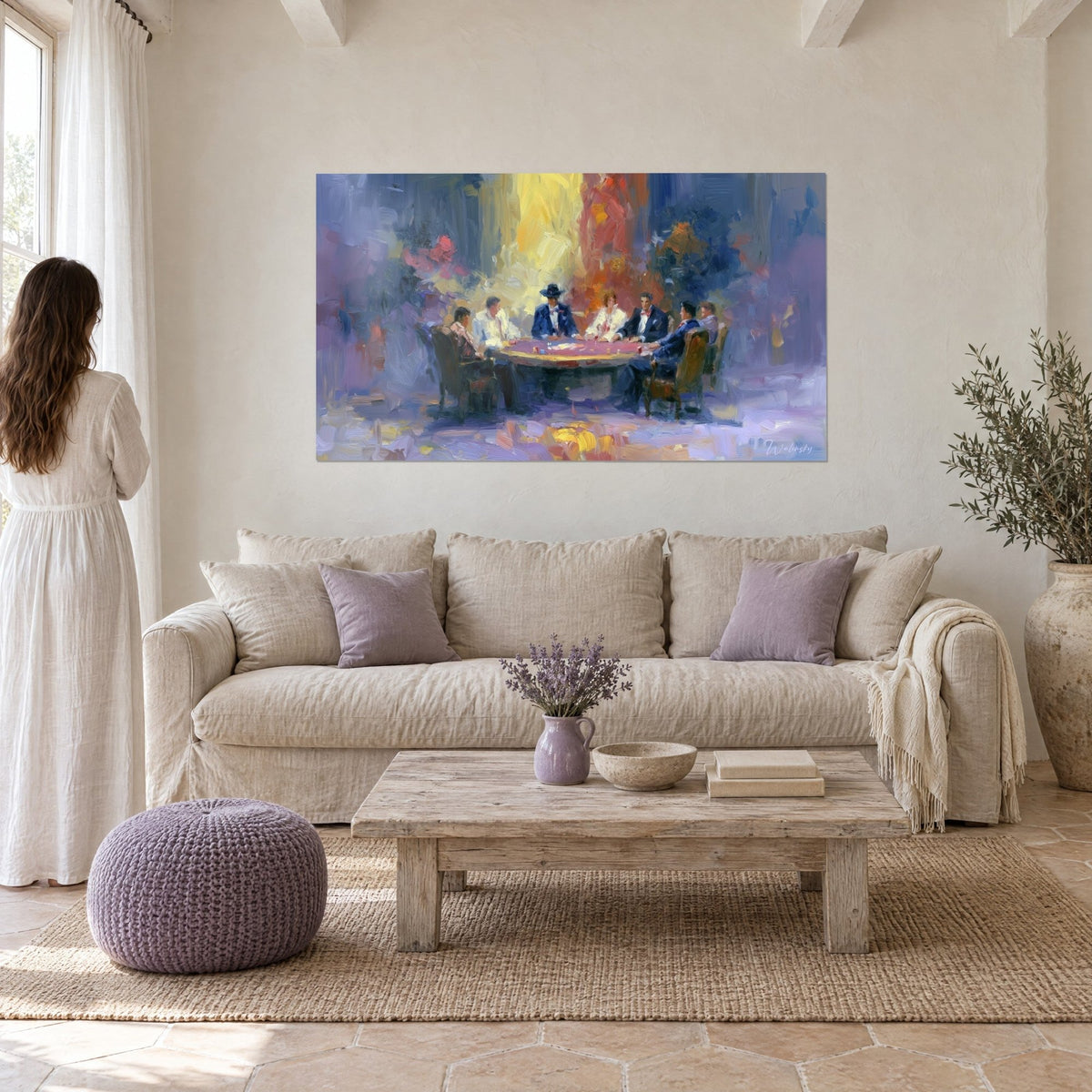 Wall art poker players around a purple table, red ties, yellow and orange background, linen sofa, above a sofa in a bright living room