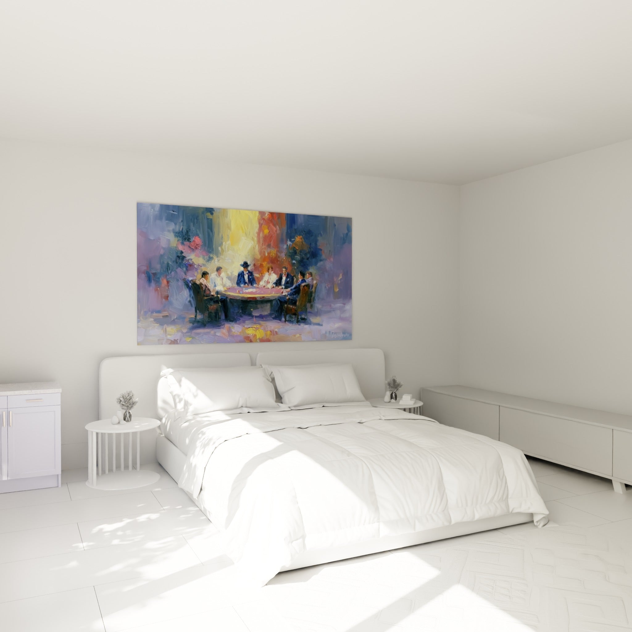 Scène de poker aux couleurs mauve et ambre, accrochée au-dessus d'un lit dans une chambre claire