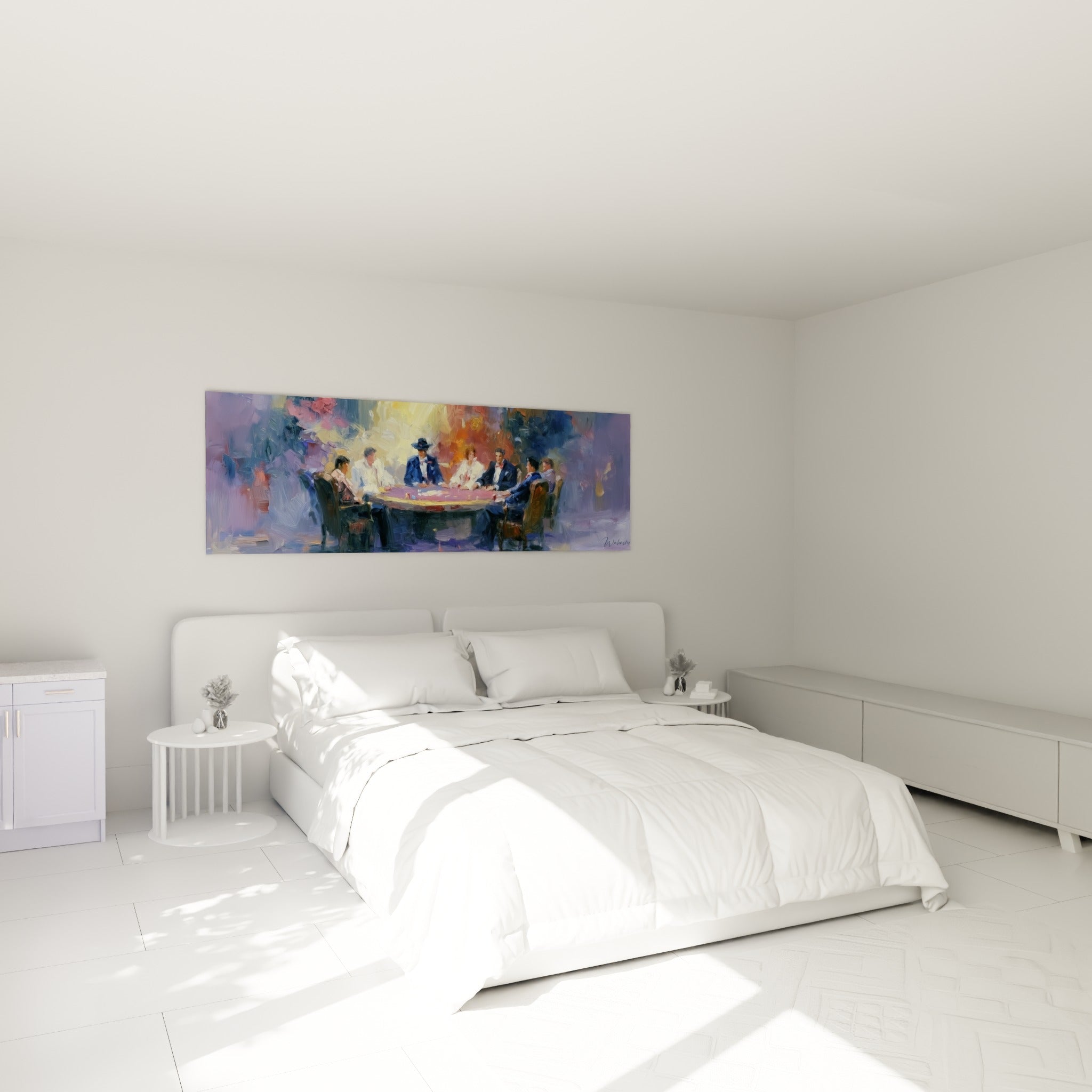 Scène de poker aux teintes violettes et dorées, accrochée au-dessus d'un lit dans une chambre claire