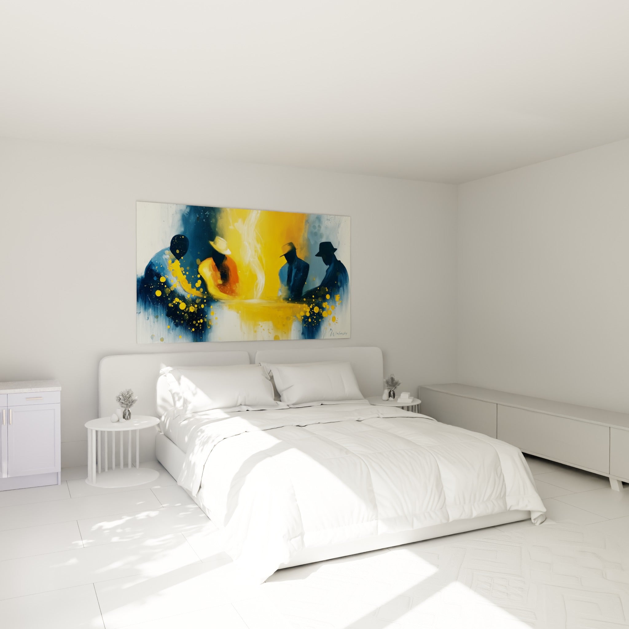 Silhouettes sombres et éclat doré de ce tableau poker au-dessus d'un lit dans une chambre claire