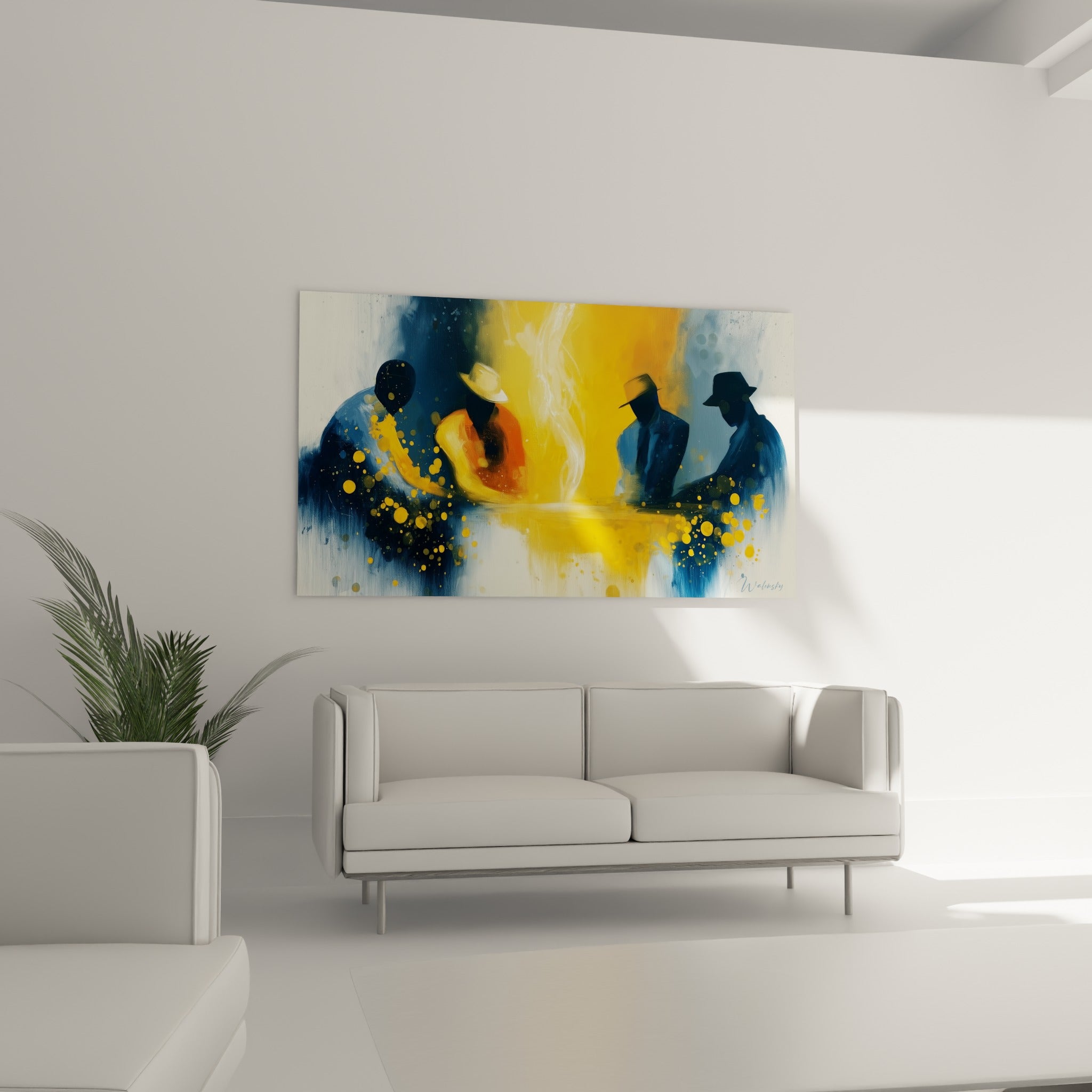 Joueurs en ombre bleue et lueur ocre de ce tableau poker au-dessus d'un canapé dans un salon lumineux