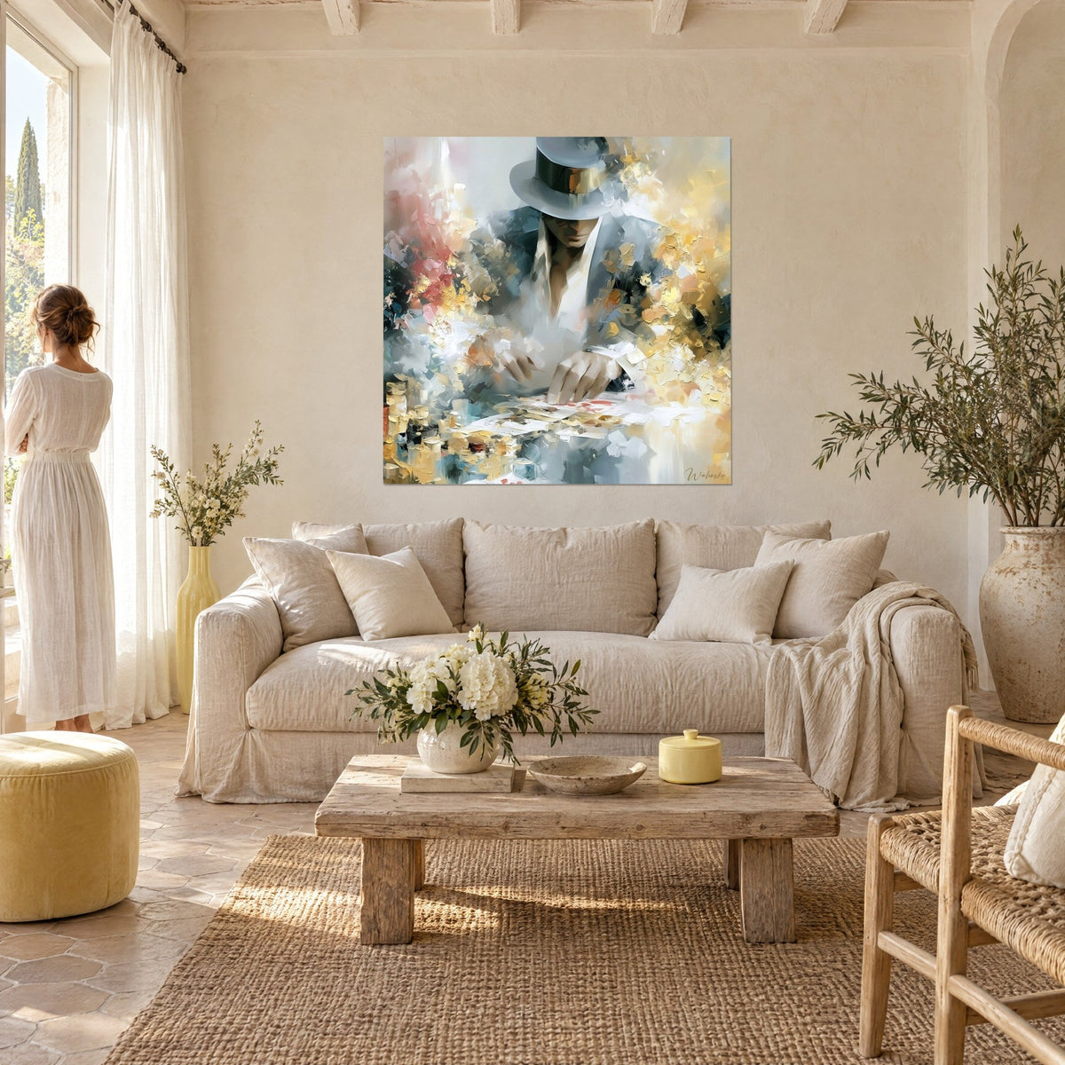 Quadro giocatore con cappello grigio e giacca azzurrina, tocchi di ocra e corallo a spatola, sopra un divano in un soggiorno luminoso