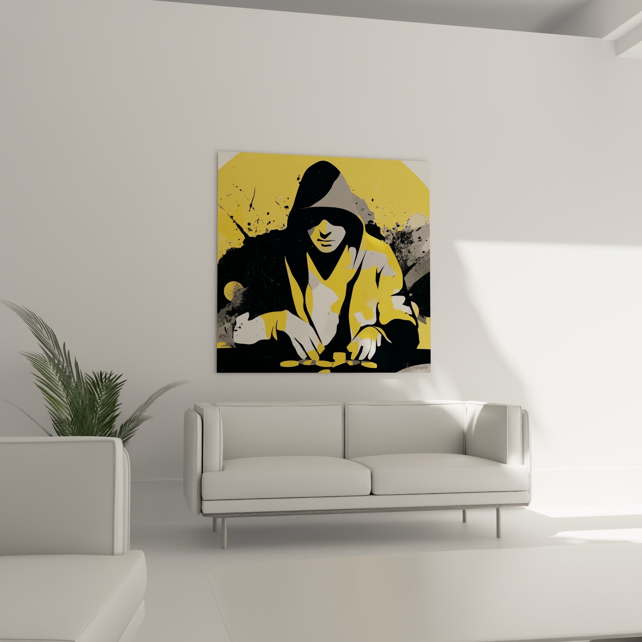 Personnage poker anthracite et jaune penché sur ses jetons, au-dessus d'un canapé dans un salon lumineux