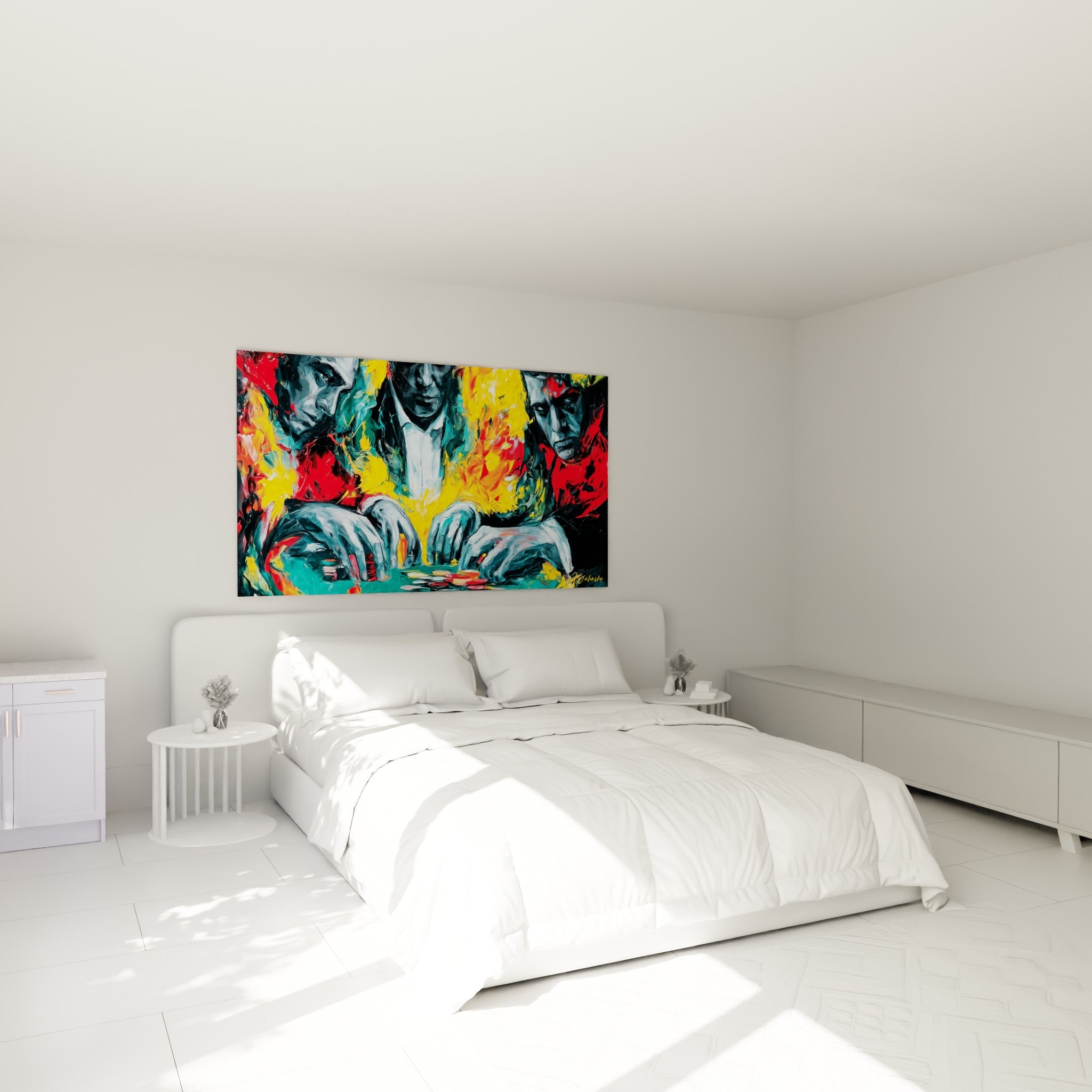 Scène de poker turquoise et rouge peinte au couteau, accrochée au-dessus d'un lit dans une chambre claire