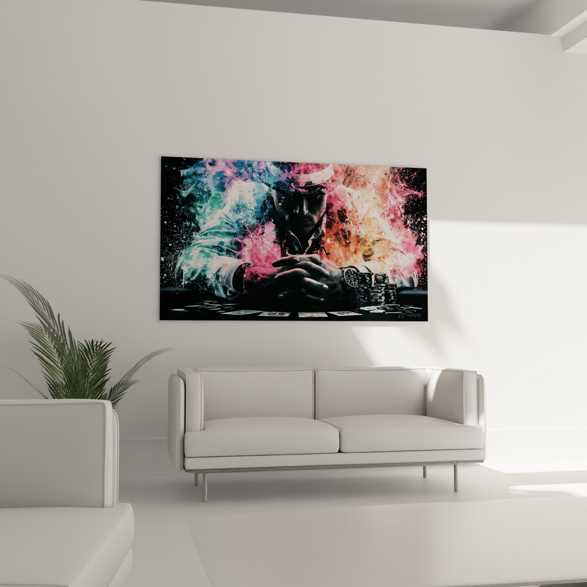 Homme masqué d'ombre face à une explosion rose et orangée, tableau poker au-dessus d'un canapé dans un salon lumineux