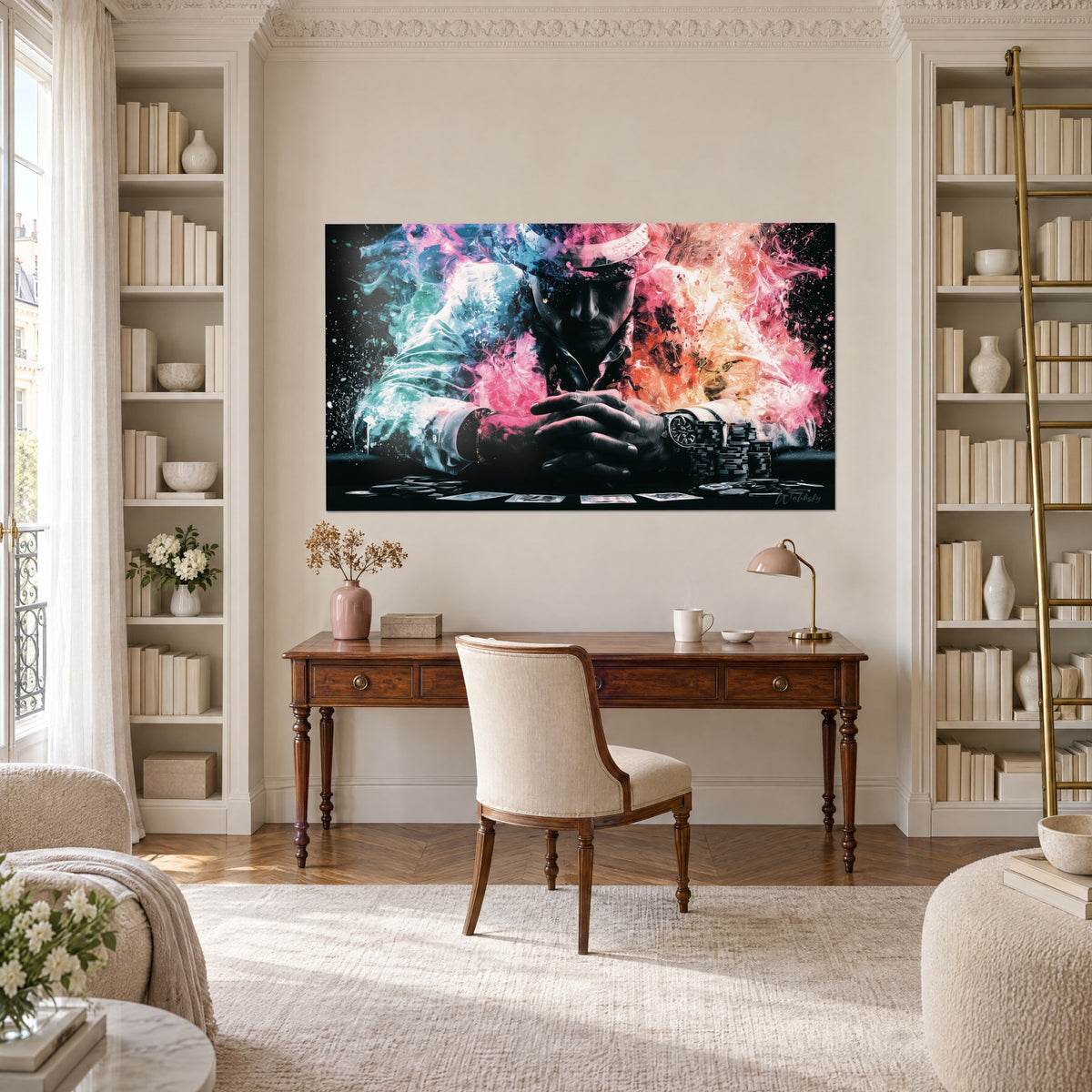 Cuadro silueta de jugador de póker, reloj plateado y cartas esparcidas, nubes magenta y turquesa, junto a una librería color crema