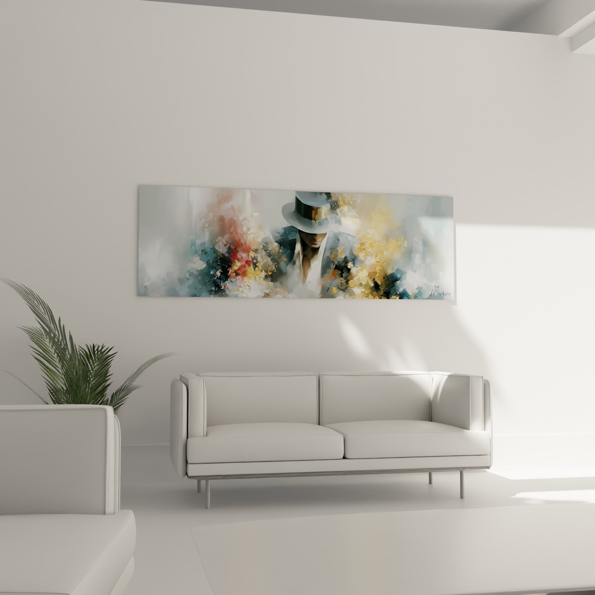 Portrait pictural doré et anthracite d'un joueur au chapeau, au-dessus d'un canapé dans un salon lumineux