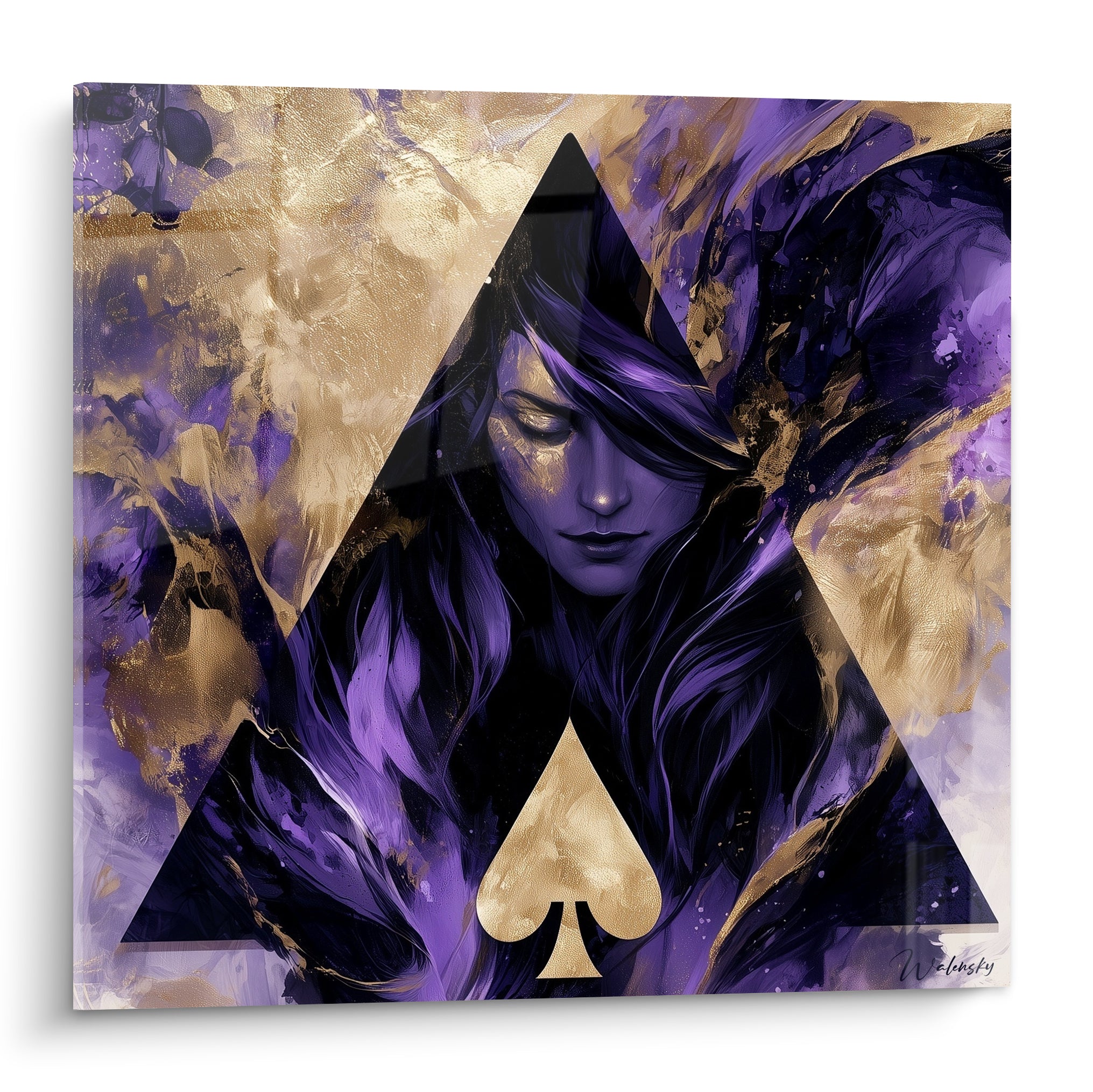 Portrait féminin violet et doré au pique, tableau poker aux reflets marbrés anthracite et or