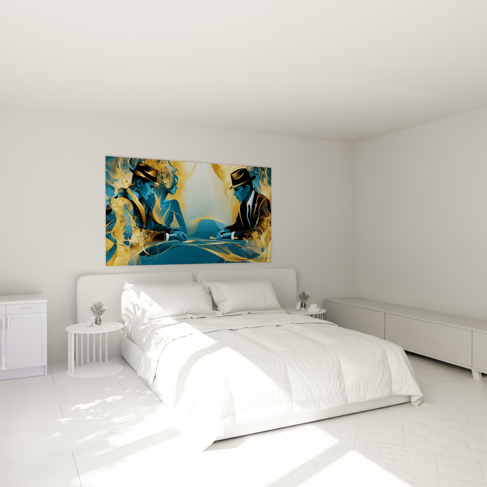 Scène de poker bleu et doré au-dessus d'un lit dans une chambre claire